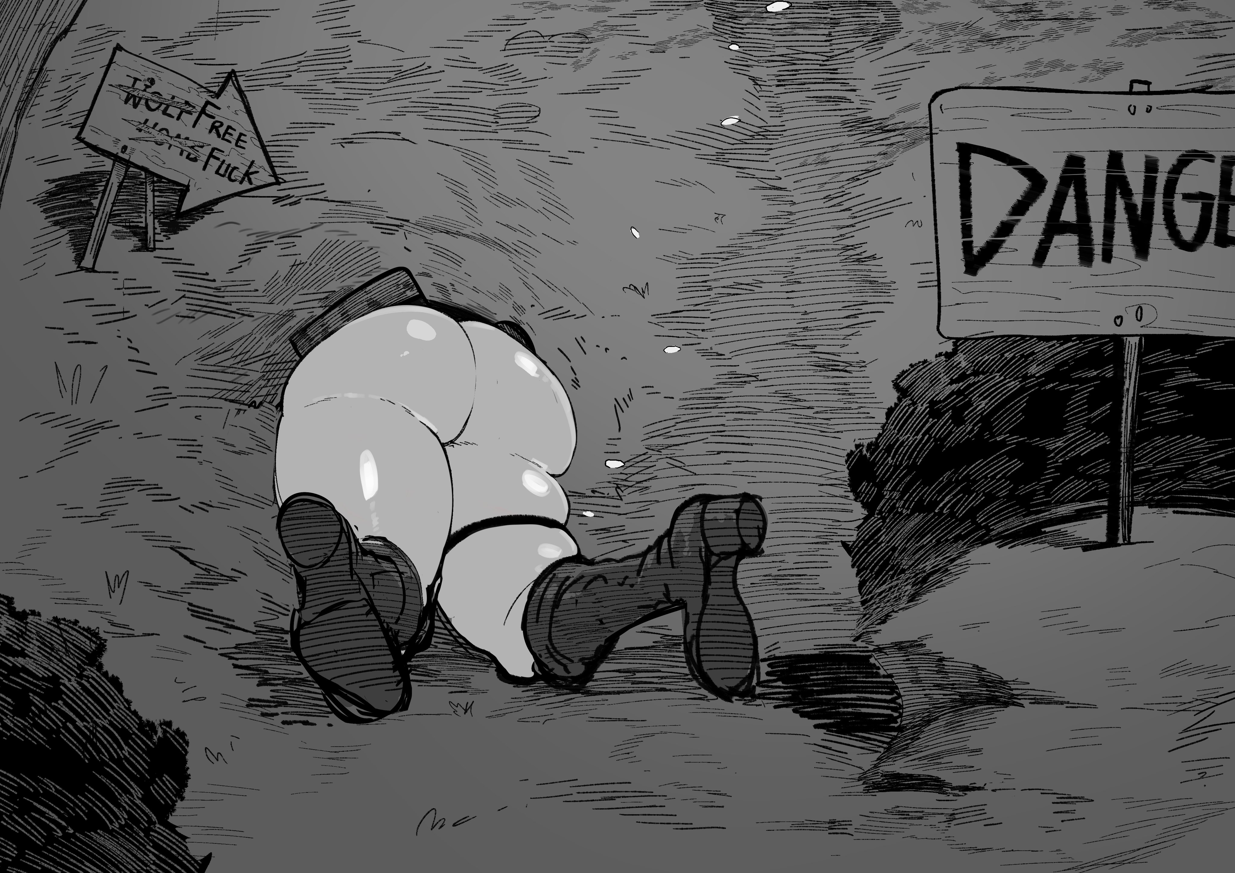 1boy, ass, big ass, boots, femboy, gay, green (artist), green (original), huge ass, leg strap, male, oc, original, original character, sign, stuck in wall, through wall