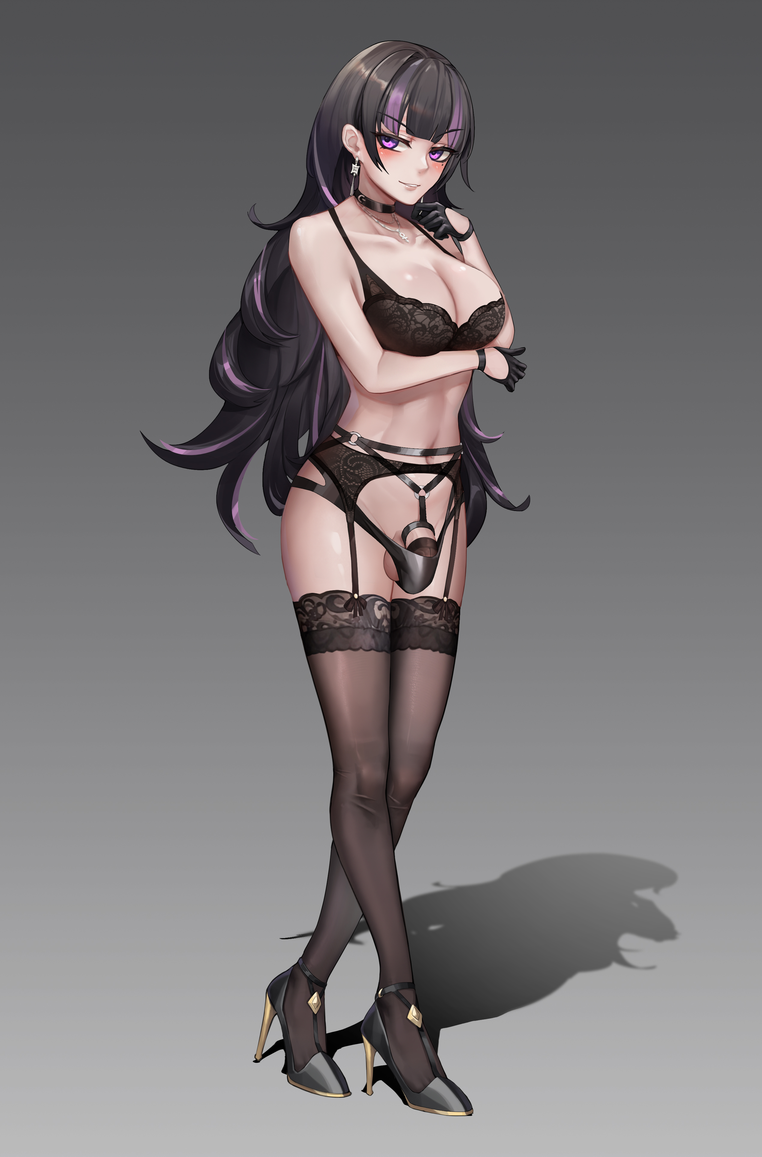 1futa, balls, balls bulge, balls in panties, balls under clothes, bangs, big breasts, black hair, bra, breasts, chastity, chastity cage, chastity device, choker, cleavage, clothed, clothing, dickgirl, flaccid, futa chastity, futa only, futanari, gins, gloves, high heels, human, intersex, large breasts, light skin, light-skinned futa, lingerie, long hair, mostly nude, panties, panty bulge, penis, penis bulge, penis in panties, penis under clothes, purple hair, small clothes, small panties, small penis, solo, standing, two-tone hair