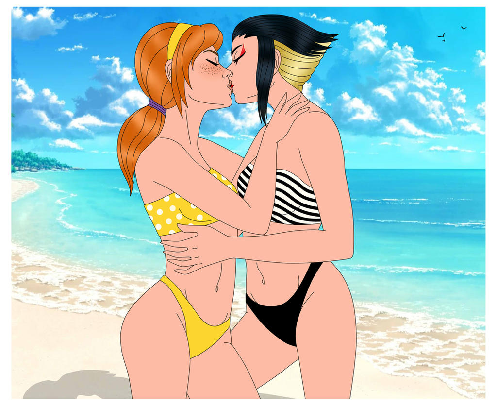 2girls april_o'neil april_o'neil_(tmnt_2012) bare_arms bare_legs bare_shoulders beach bikini blush breasts closed_eyes clothing cloud couple day duo embracing female female/female female_only freckles hairband huging karai karai_(tmnt_2012) kiss_on_lips kissing legs long_hair love medium_breasts midriff multiple_females multiple_girls mutual_yuri navel neck nickelodeon ocean outdoors ponytail romantic romantic_couple sand serisabibi shadow short_hair sky strapless strapless_bikini strapless_swimsuit swimsuit teenage_mutant_ninja_turtles teenage_mutant_ninja_turtles_(2012) tied_hair tmnt_2012 water yellow_hairband yuri