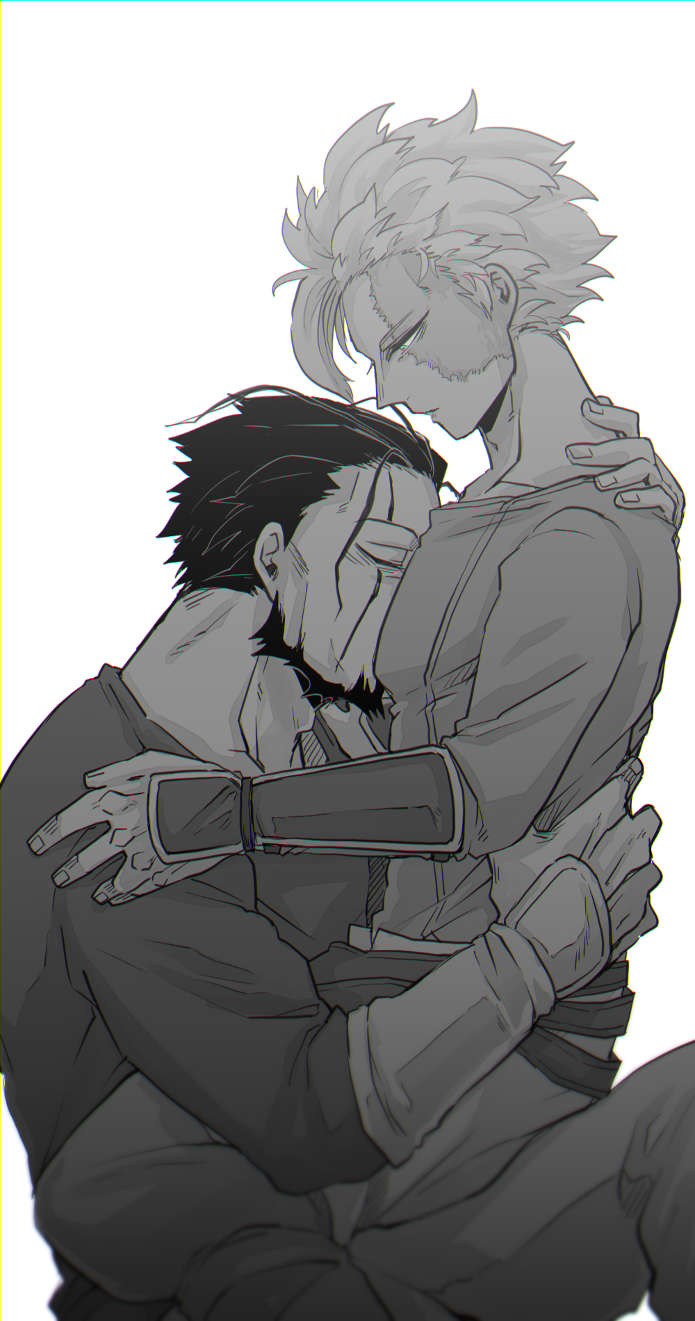 2boys beard belaf burn_scar closed_eyes embrace face_in_breasts face_in_chest facial_hair facial_scar fully_clothed gay half-closed_eyes hug looking_down made_in_abyss male male_only monochrome scar unoirhero wazukyan yaoi