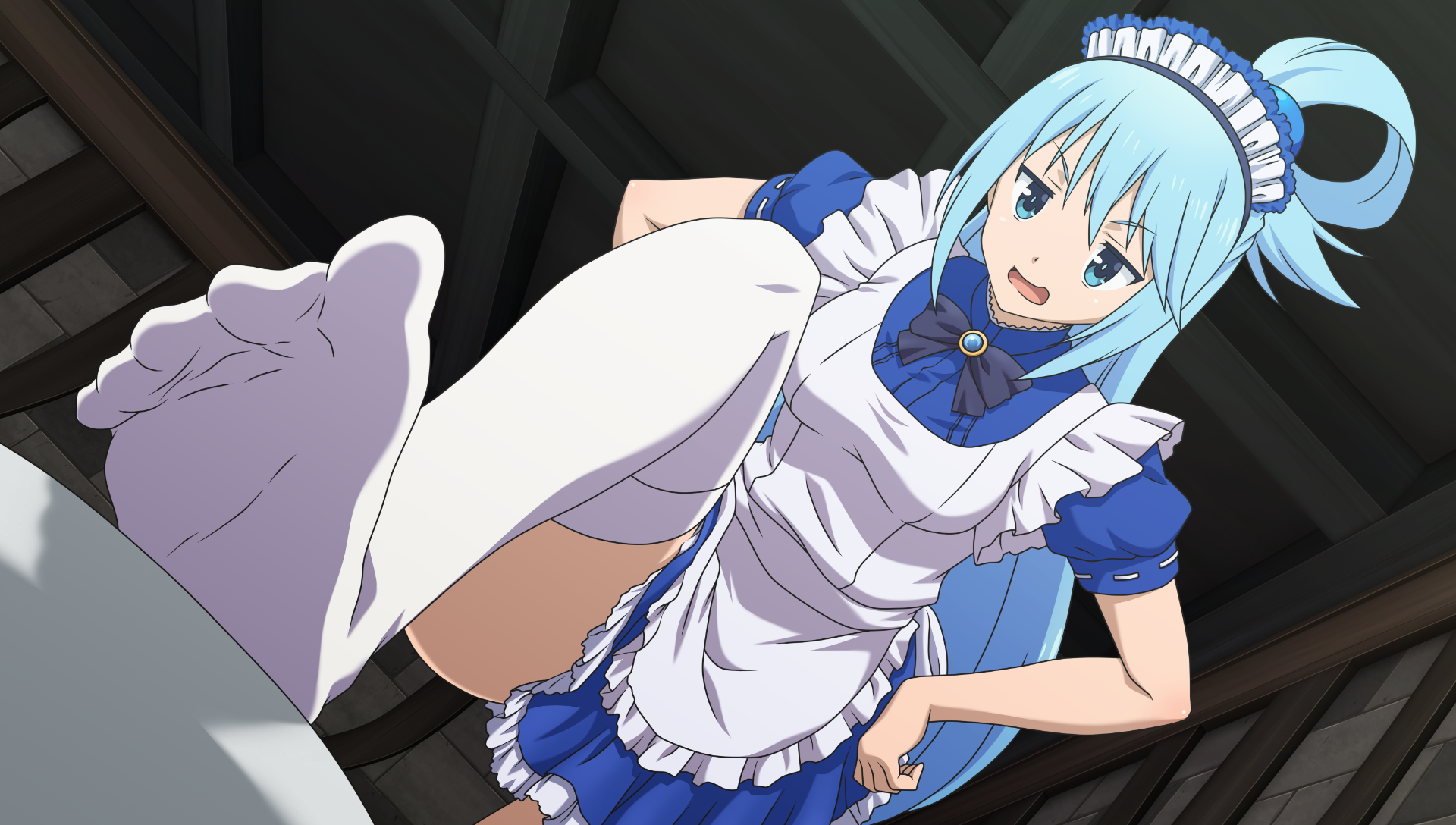 1girl, alternate costume, apron, aqua (konosuba), blue eyes, blue hair, blue shirt, blue skirt, brick wall, cowboy shot, dutch angle, enmaided, feet, foot fetish, foot focus, frilled apron, frilled skirt, frills, game asset, hair ornament, hair rings, hands on own hips, high collar, highres, indoors, jitome, kadokawa, kono subarashii sekai ni shukufuku wo!, leg up, long hair, looking ahead, maid, maid apron, maid headdress, no shoes, non-web source, official art, open mouth, puffy short sleeves, puffy sleeves, ribbon trim, ribbon-trimmed sleeves, self-datamine, shirt, short sleeves, single hair ring, skirt, soles, sphere hair ornament, standing, stepping on viewer, thighhighs, toes, white apron, white thighhighs