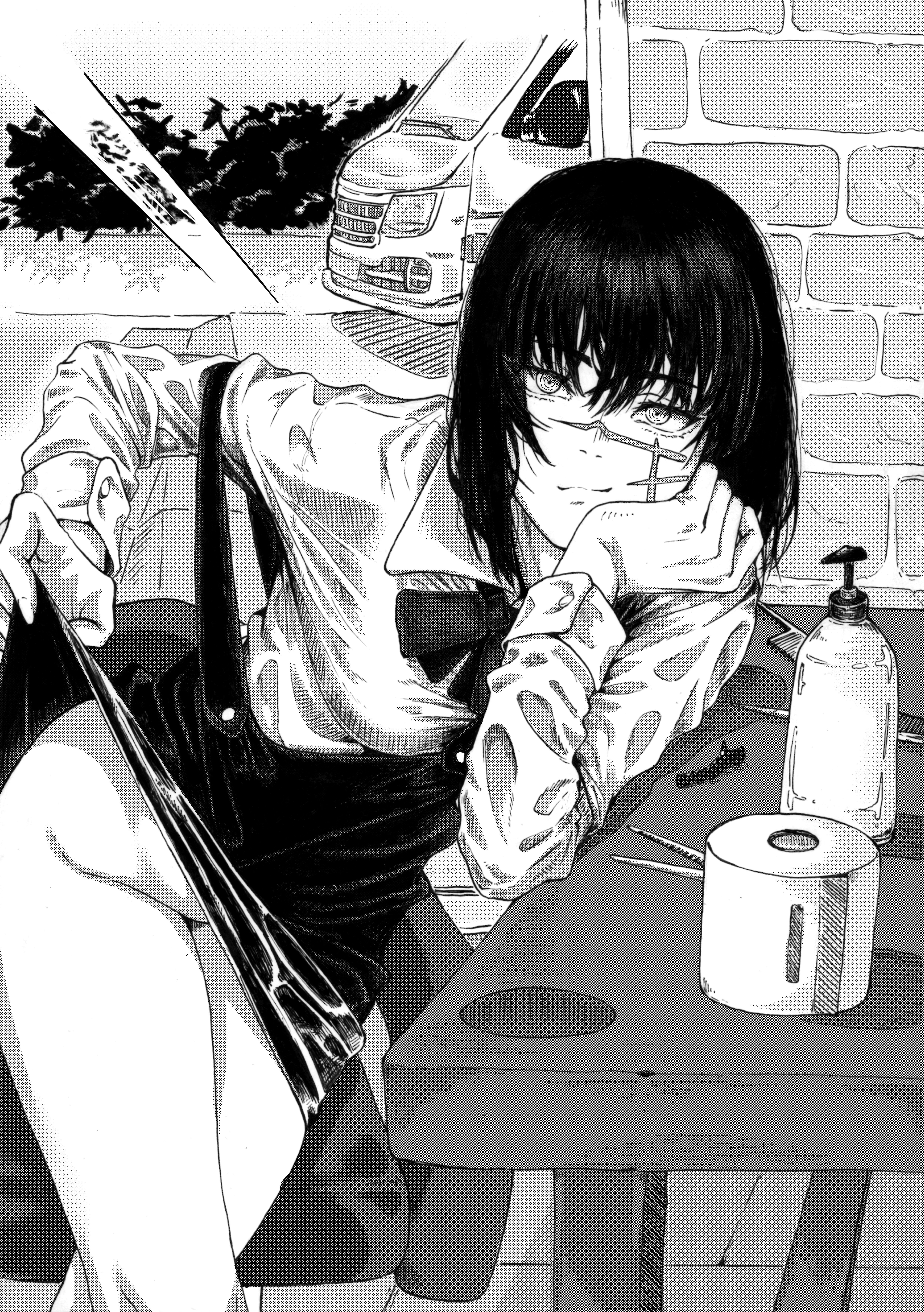 1girls, absurd res, absurdres, breasts, chainsaw man, clothes lift, collared shirt, dress, eye contact, facial scar, female, female only, flashing, fourth east high school uniform, greyscale, highres, koto (artist), long hair, looking at viewer, mitaka asa, monochrome, mutou (9149260), neck ribbon, no panties, pinafore dress, ribbon, scar, scar on face, school uniform, schoolgirl, shirt, simple background, skirt, skirt lift, sleeveless, sleeveless dress, thick thighs, thighs, yoru (chainsaw man)