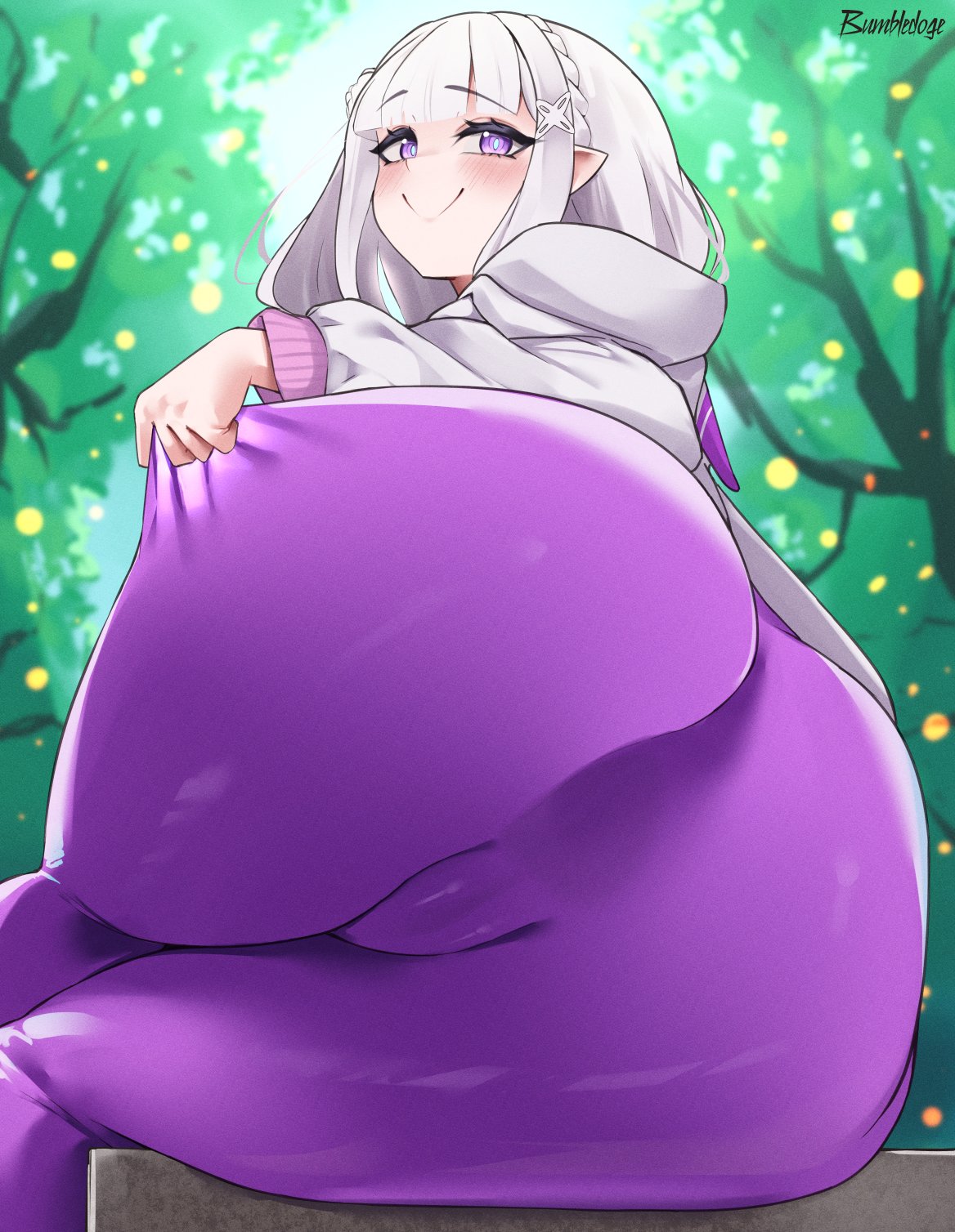 ass, ass focus, bare shoulders, blush, bodysuit, braid, breasts, bumbledoge, cameltoe, commentary, crown braid, emilia (re:zero), english commentary, flower, grey hair, hair flower, hair ornament, hair ribbon, highres, long hair, looking at viewer, pointy ears, presenting own ass, presenting own body, purple bodysuit, purple eyes, re:zero kara hajimeru isekai seikatsu, ribbon, smile, solo, white flower, white hair, x hair ornament