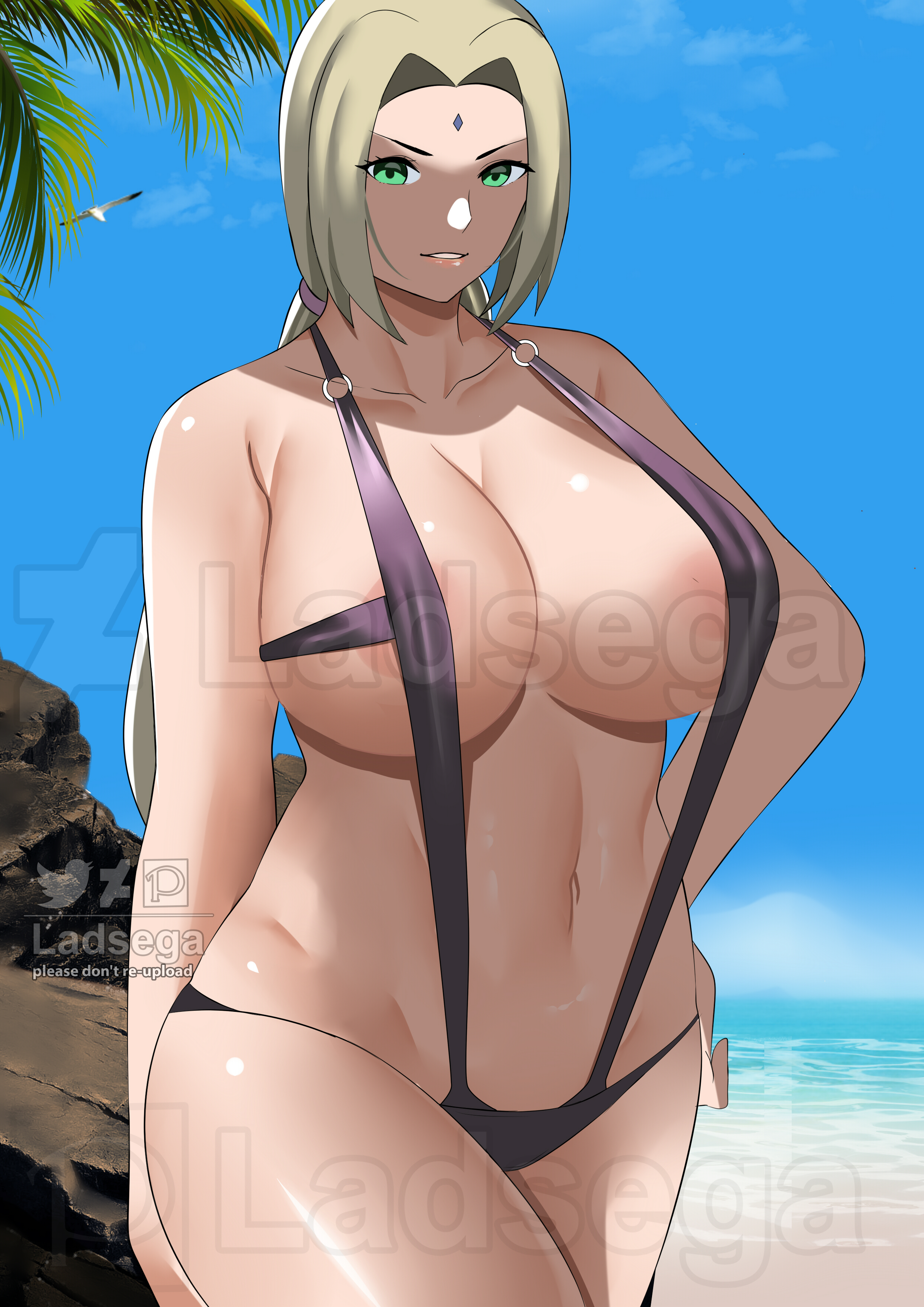 1girls, 2022, beach, big breasts, blonde hair, breasts, child bearing hips, curvy, curvy figure, female, female only, green eyes, huge breasts, ladsega, looking at viewer, naruto, naruto (series), solo, swimsuit, swimwear, thick thighs, tsunade, watermark