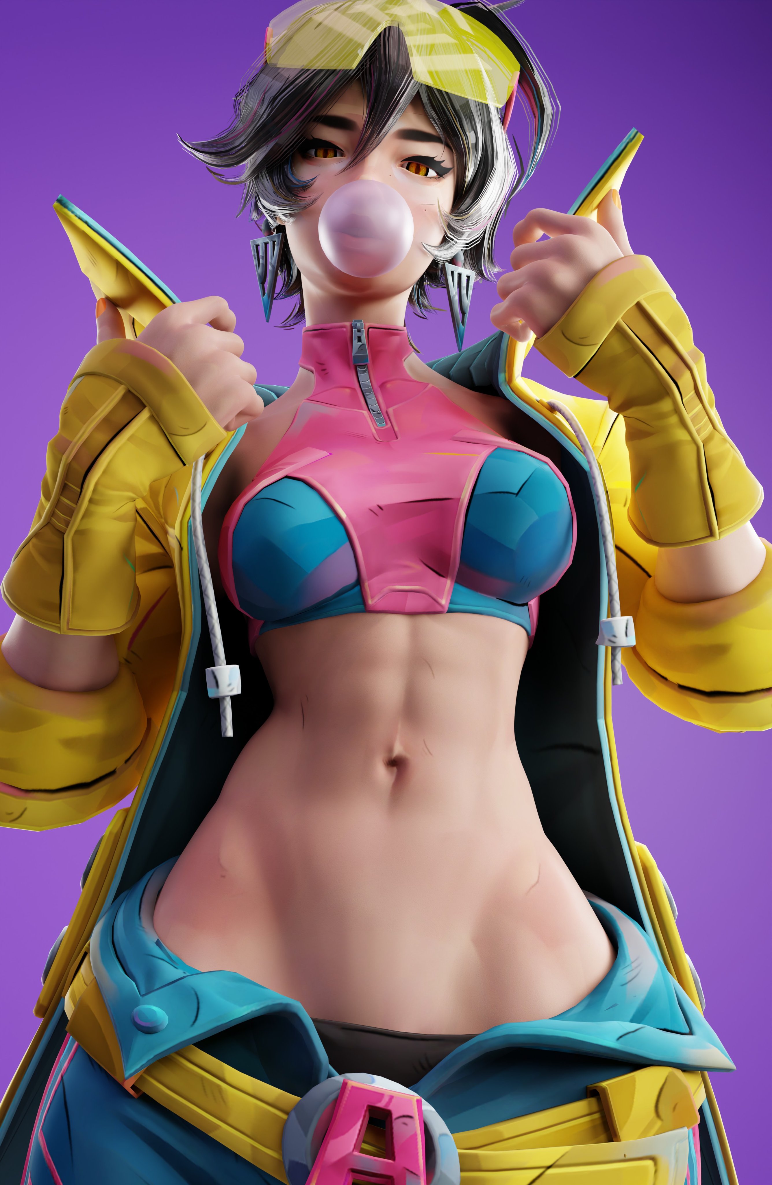 1girls, 3d, abs, black hair, blendowan, bubble gum, female, female only, female torso, glasses, jubilation lee, jubilee, jubilee (marvel rivals), looking at viewer, marvel, marvel comics, marvel rivals, midriff, midriff baring shirt, mrbag3d, navel, orange eyes, short hair, simple background, slim waist, solo, solo female, tagme, thin waist, waist