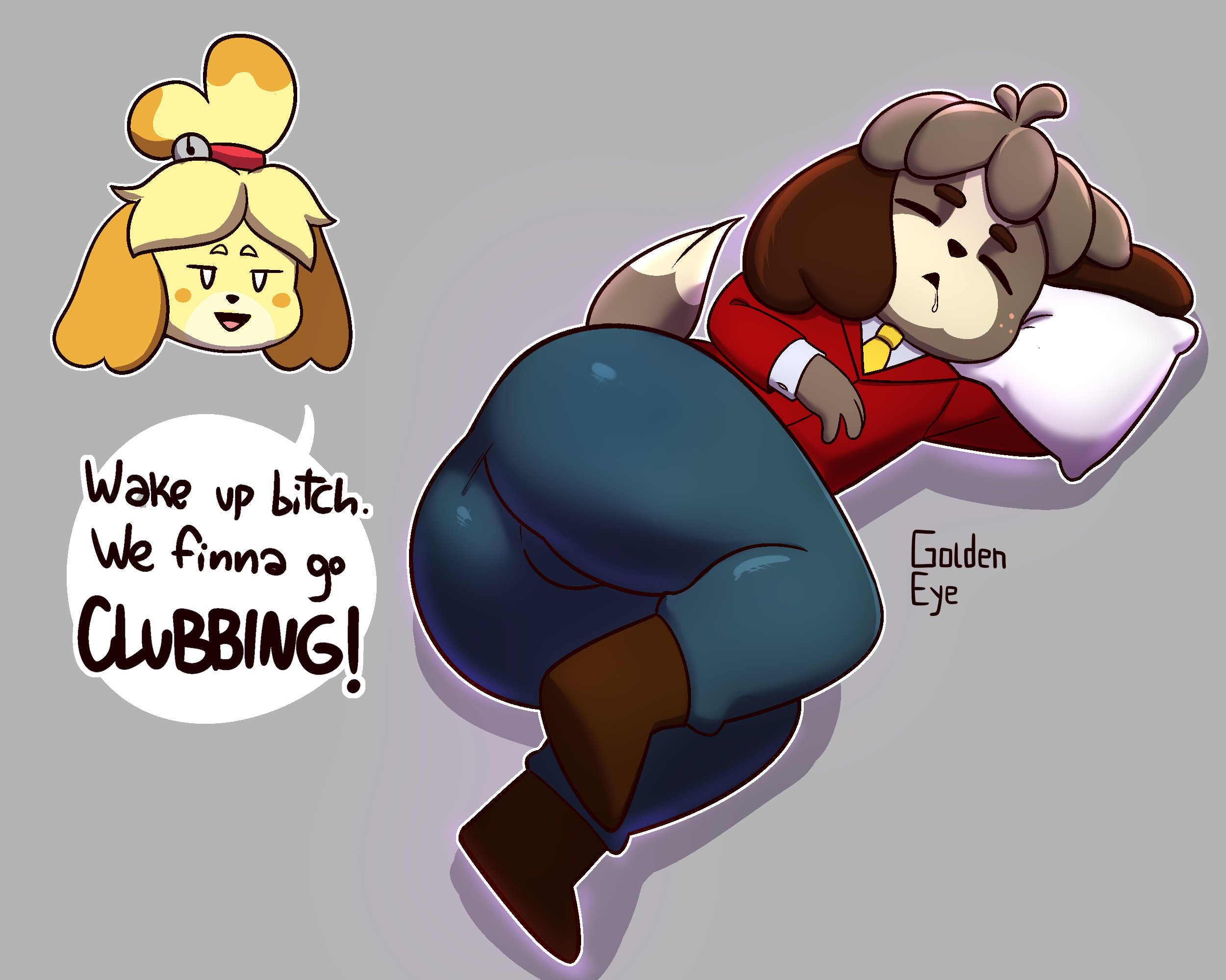 1boy, 1girls, 2022, animal crossing, ass, big ass, big butt, bubble ass, bubble butt, digby (animal crossing), drooling, eyes closed, fat ass, female, femboy, furry, gay, gay anal, goldeneyensfw, homosexual, homosexual male, isabelle (animal crossing), male, male penetrated, male/female, mob face, nintendo, pillow, pillow grab, resting, sleeping, tagme, text, text box, text bubble