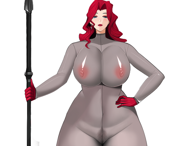 alexandra_(heelfall) areolae big_breasts bo_wei bodystocking bodysuit full_bodystocking game_cg gloves heelfall lipstick milf nipples plump pubic_hair red_hair spear thick_hips thick_thighs venus_body weapon