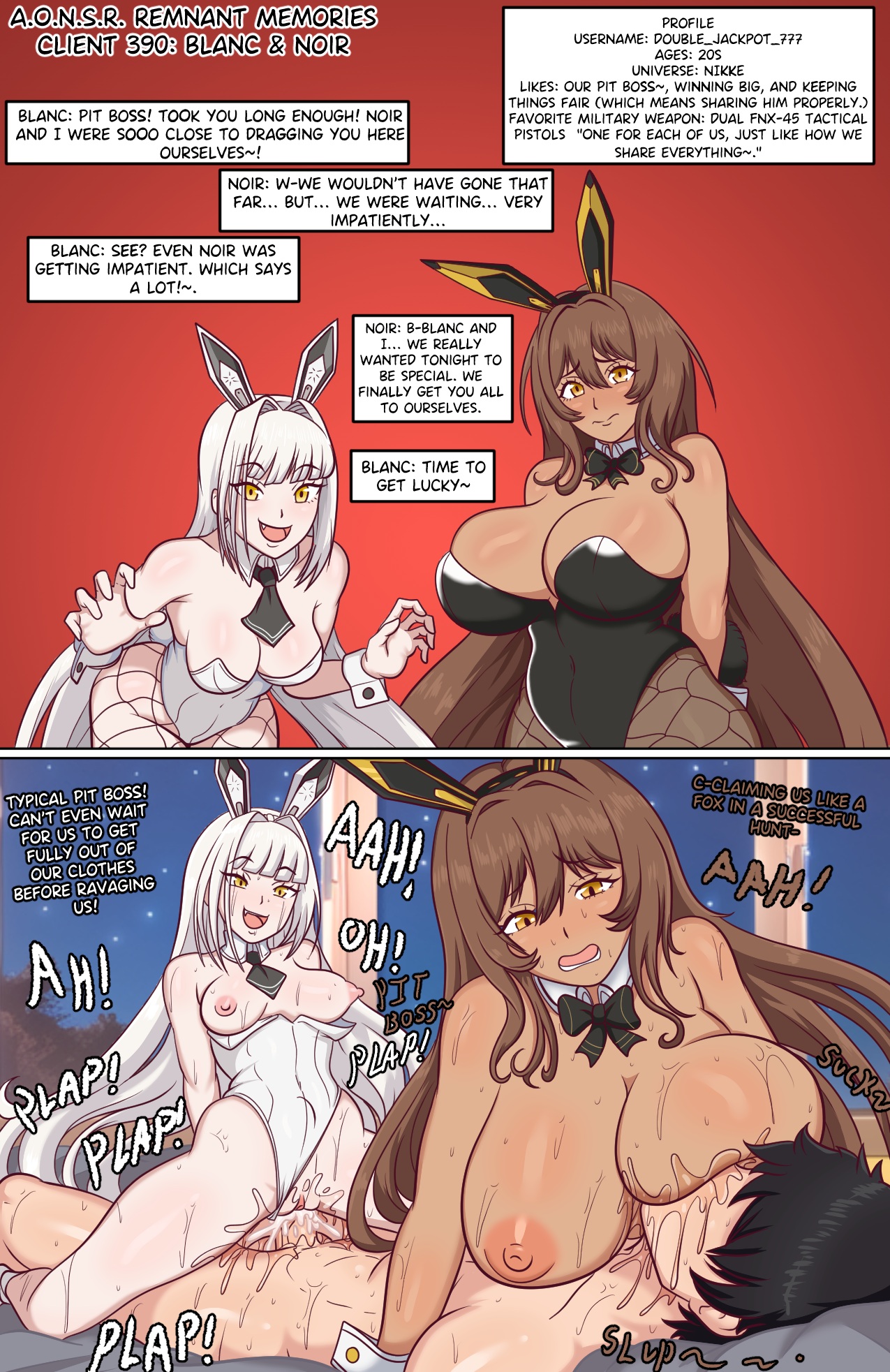 1boy, 1girls, 2girls, 2girls1boy, 2koma, anime one night stands, bed, bedroom, black hair, blanc (nikke), boob squish, breastfeeding, breastfeeding during sex, breasts on head, brown hair, bunny ears, bunny girl, bunnysuit, comic, cowgirl position, cum in pussy, cum inside, dark-skinned female, dialogue, drooling, dywtba-alt-universe, ffm threesome, goddess of victory: nikke, juto arigato, long hair, massive breasts, noir (nikke), pale-skinned female, reverse spitroast, riding penis, small breasts, smothering breast, sucking nipples, thick thighs, threesome, vaginal penetration, vaginal sex, white hair, woman on top, yellow eyes