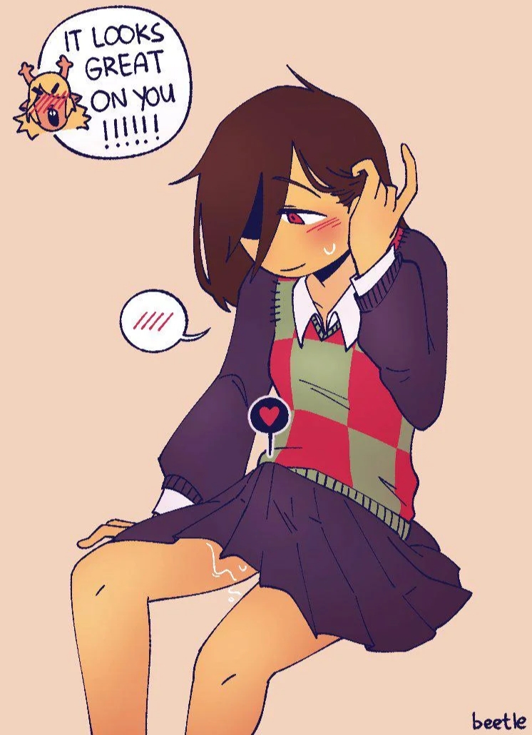 1nonbinary, 1other, artist request, artist signature, beetleevil, boner in pants, boner under clothes, clothed, deltarune, enby, horny, kris (deltarune), leaking cum, noelle holiday, non binary, skirt