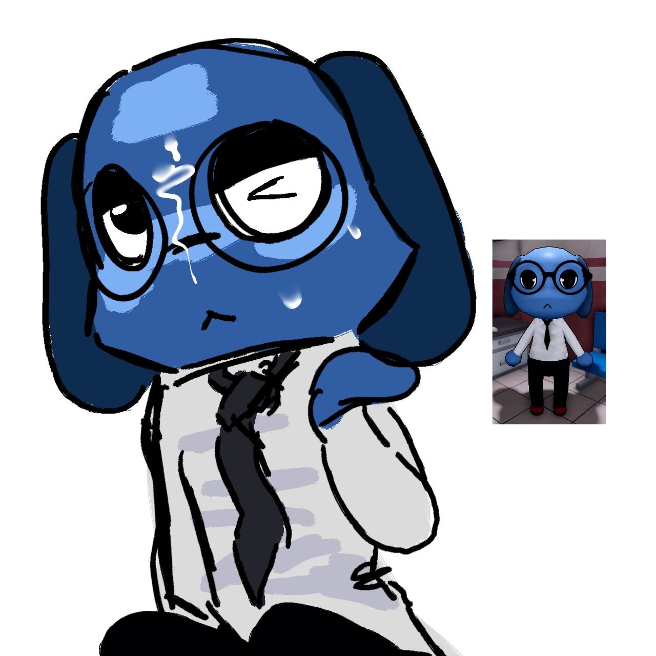 1boy, animal hospital, artwork (digital), blue fur, clothed, cum, cum on face, dog, droopy ears, furry, glasses, male, male only, marafon, reference image, roblox, roblox game, round glasses, secretary (animal hospital), solo, solo male, tie