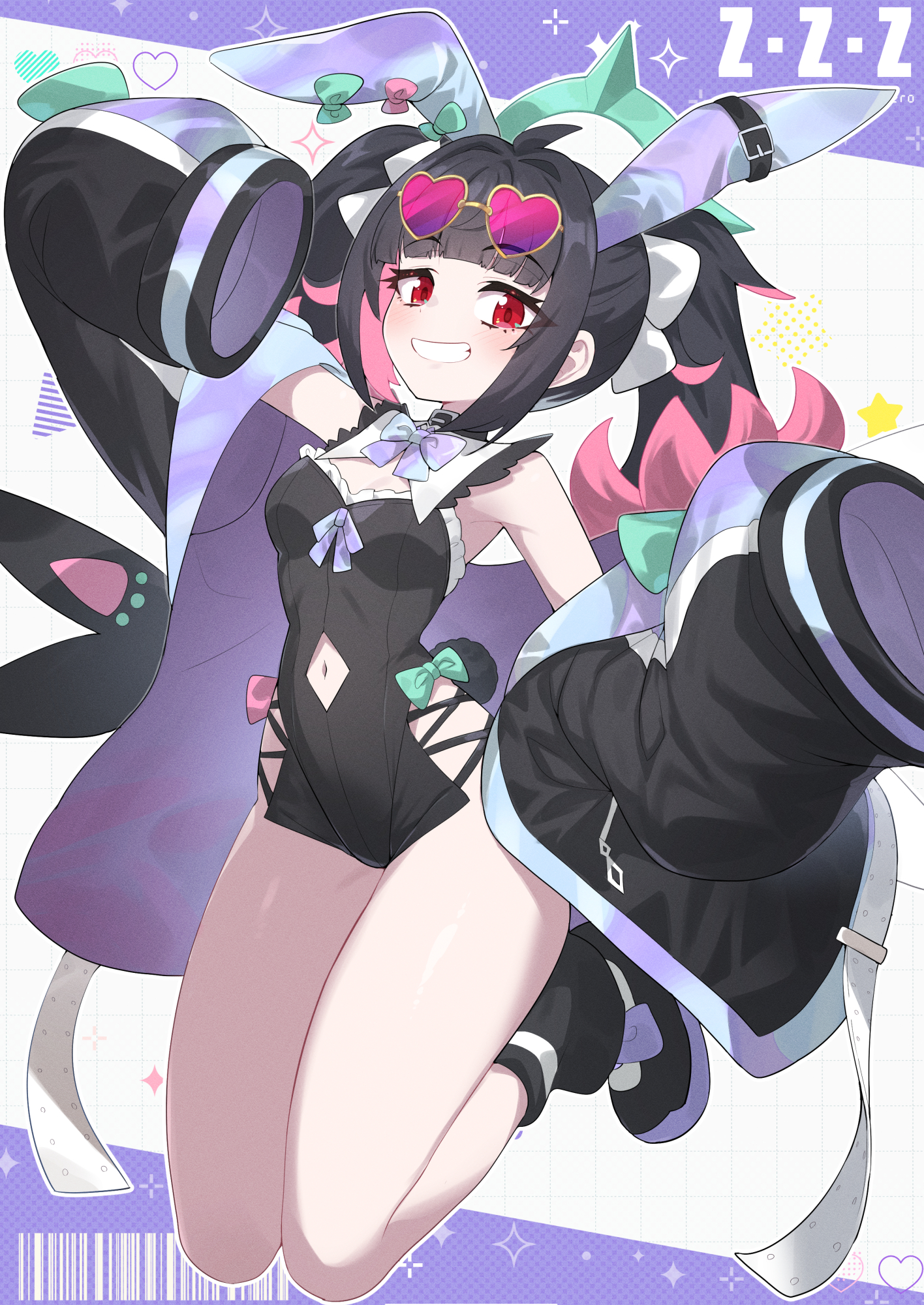 angels of delusion, artist request, black hair, black leotard, bow, bowtie, bunny ears, bunnysuit, fake animal ears, fake tail, halo, heart sunglasses, jacket, leotard, looking at viewer, multicolored hair, nangong yu (zenless zone zero), pink highlights, red eyes, smile, smiling at viewer, sunglasses, sunglasses on head, thighs, twintails, wings, zenless zone zero