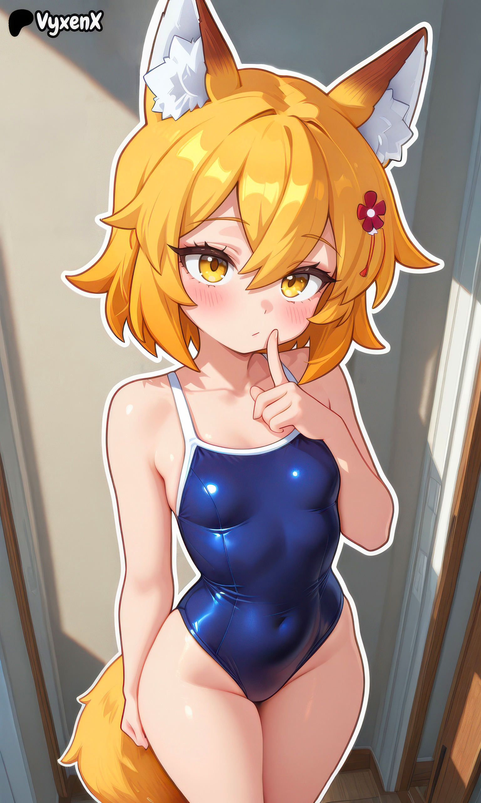1girl, ai generated, competition swimsuit, fox, fox ears, fox tail, foxgirl, hd, one piece swimsuit, pov, school swimsuit, senko (sewayaki kitsune no senko-san), sewayaki kitsune no senko-san, solo, swimsuit, thighs, vyxenx, yellow hair