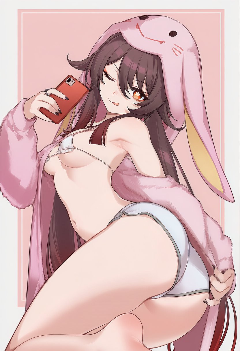 1girls ai_generated armpits ass ass_focus bikini_top booty booty_shorts breasts brown_hair cute female female_only genshin_impact hu_tao_(genshin_impact) long_hair micro_bikini navel onesie perky_breasts petite seductive selfie showing_ass showing_off sidillusts small_breasts solo sticking_out_tongue teasing teasing_viewer thick_thighs thighs winking
