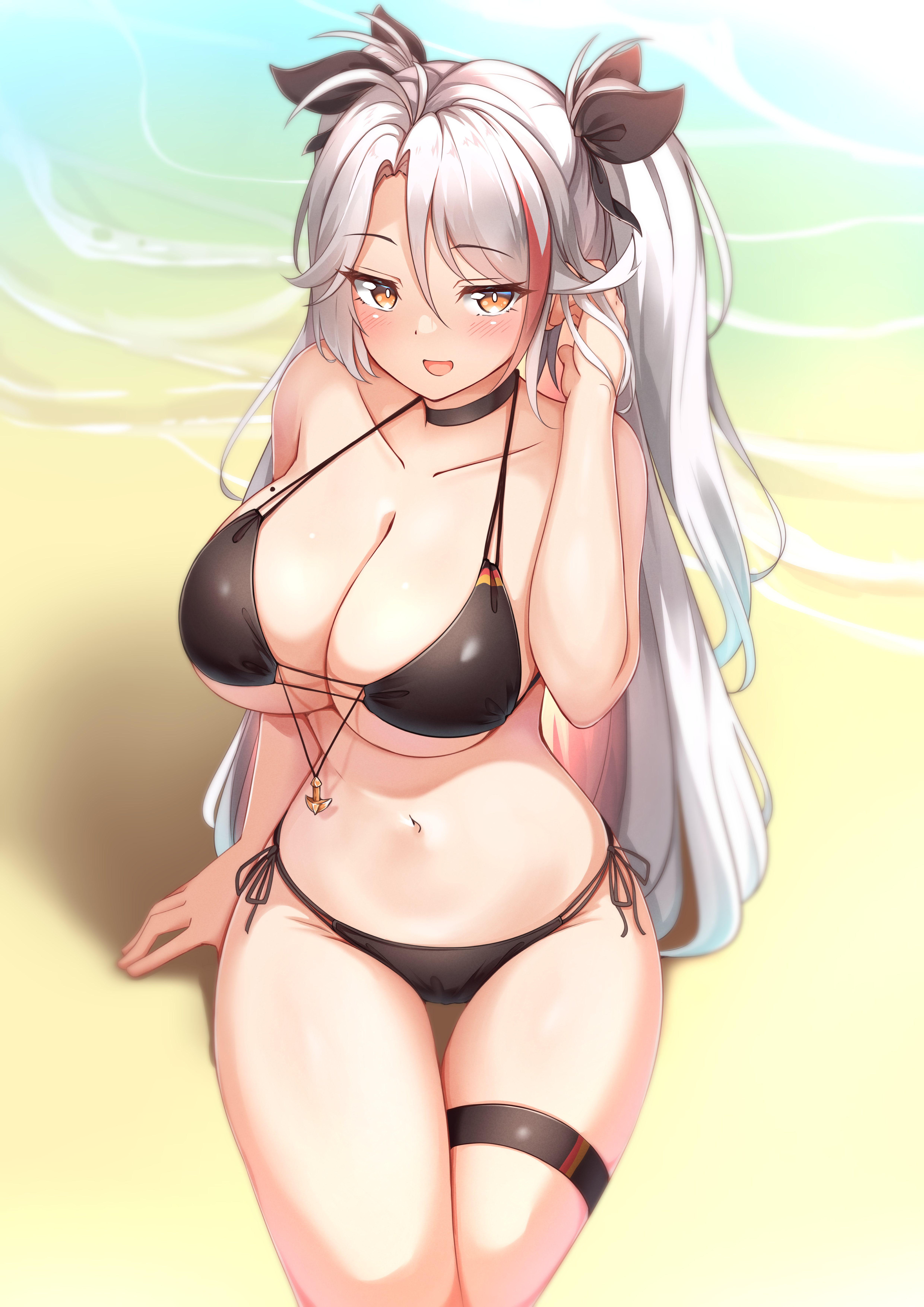 azur lane, beach, big breasts, bikini, blush, breasts, choker, female, hourglass figure, mole, mole on breast, moyoron, orange eyes, prinz eugen (azur lane), seductive, seductive smile, swimsuit, twintails, white hair
