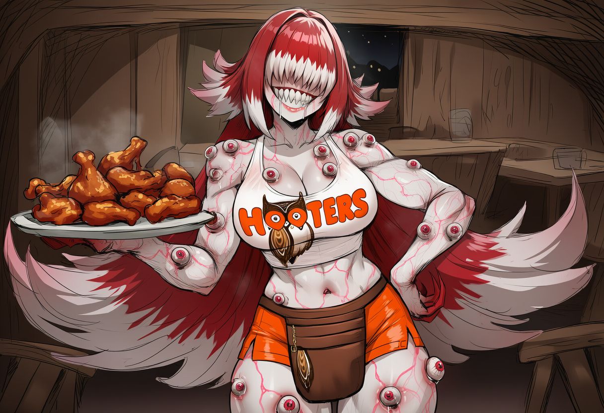 1girls ai_generated bangs_over_eyes bleeding blood breasts claws clothed clothes clothing eyeball eyeballs eyes_covered eyes_on_body female food hooters hooters_uniform horror horror_(theme) large_breasts long_hair mind_control monster_girl original original_character paigen pale pale_skin parasite pouch red_hair sharp_teeth shirt shorts teeth two-tone_hair veins white_hair_tips white_skin