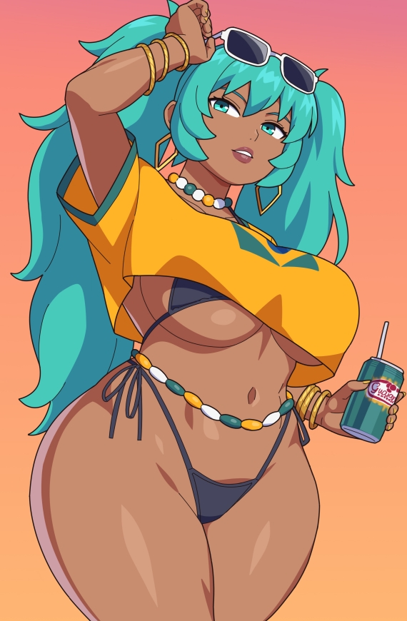 :d, 1girl, 1girls, aqua eyes, aqua hair, aqua nails, bangs, bikini, bikini tan, blush, bracelet, brazil, brazilian, brazilian female, brazilian miku, breasts, clothes lift, condom, condom wrapper, dark skin, denim, denim shorts, earrings, eyewear on head, female, female only, gyaru, hatsune miku, hoop earrings, huge nipples, jewelry, kabeume, large breasts, latin american hatsune miku (meme), light skin, light-skinned female, long hair, looking at viewer, nail polish, navel, necklace, nipple piercing, nipples, open mouth, panties, piercing, sandals, shirt, shirt lift, short shorts, shorts, smile, solo, spread legs, squatting, string panties, sunglasses, sunglasses on head, swimsuit, tan, tan skin, tan-skinned female, tanlines, toenail polish, toenails, twintails, underwear, unopened condom wrapper, very long hair, vocaloid