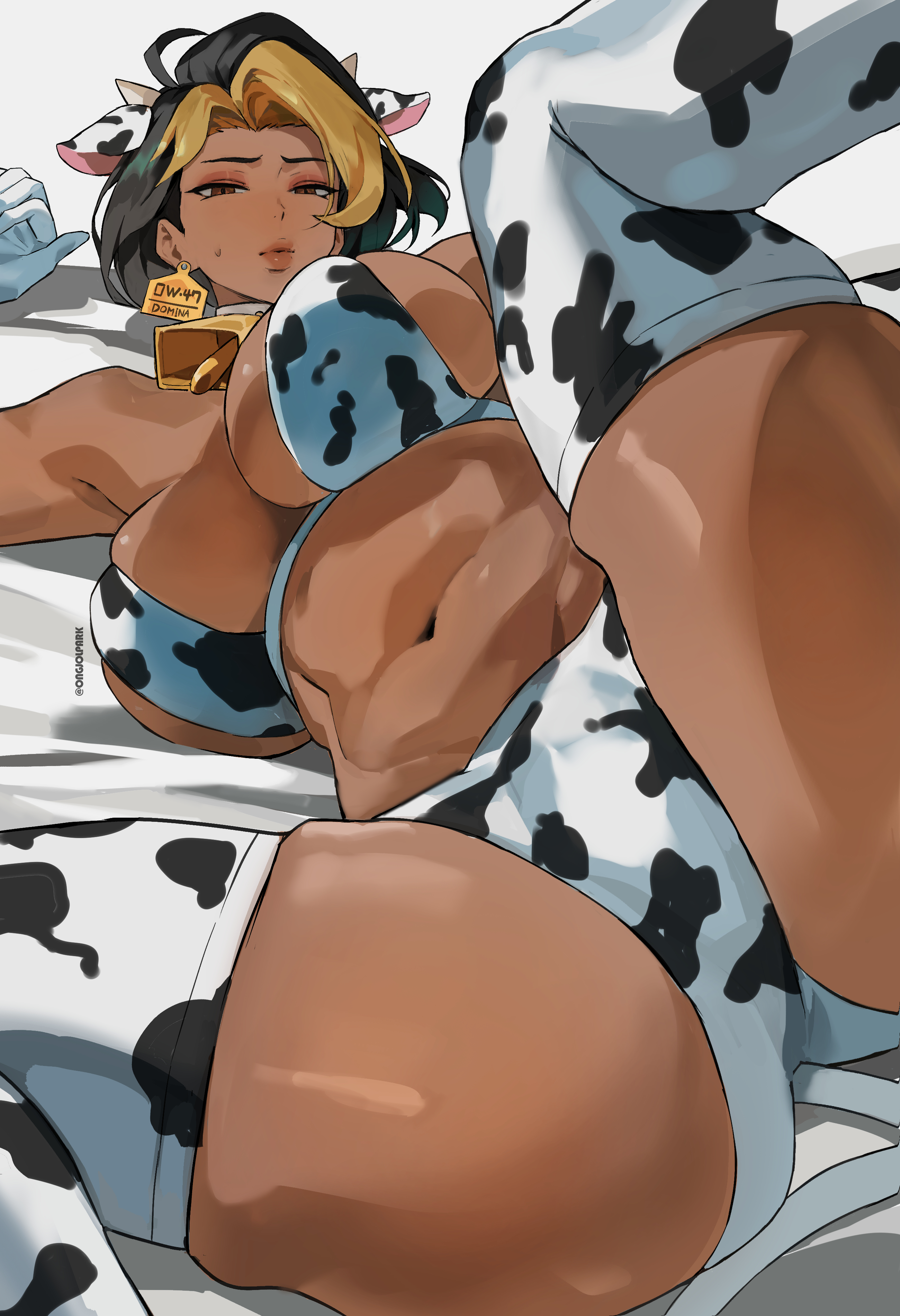 1girl, 2d, 2d (artwork), 2d artwork, absurdres, activision, animal ears, animal print, armpits, bell, big breasts, bikini, blizzard entertainment, blonde streaks, breasts, commentary, cow ears, cow horns, cow print, cow print bikini, cow print thighhighs, cowbell, dark skin, dark-skinned female, desi, domina, ear tag, english commentary, highres, horns, multicolored hair, navel, neck bell, ongjolpark, overwatch, overwatch 2, print bikini, print thighhighs, short hair, streaked hair, swimsuit, thighhighs, twitter username, vaira singhania