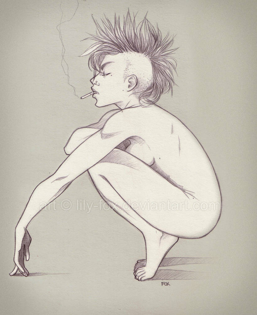2008 archived deviantart lily-fox mohawk_(hairstyle) nude_female original original_character petite_body sideboob squatting_position