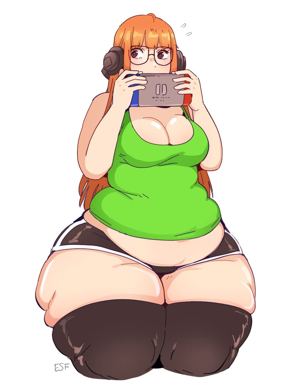 belly black_stockings boobs chubby chubby_belly chubby_female cleavage fat fat_female green_tank_top huge_ass nintendo_switch orange_hair overweight persona persona_5 riu_incognito sakura_futaba short_shorts shorts stockings tank_top thick_ass thick_thighs
