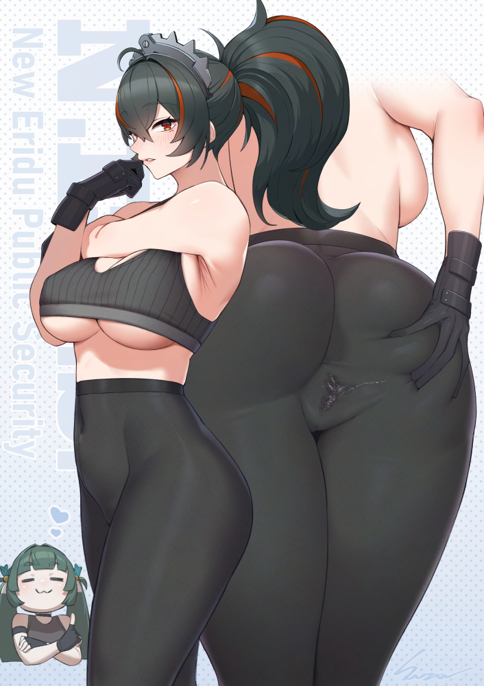 ass ass_focus backboob black_gloves black_hair black_pants blush breasts commentary_request covered_anus covered_navel covered_pussy cross-body_stretch gloves grabbing_own_ass green_hair hair_between_eyes hairband hand_on_own_ass heart high-waist_pants large_breasts long_hair looking_at_viewer metal_hairband multicolored_hair multiple_girls pants ponytail presenting_own_ass presenting_own_body pussy_juice qingyi_(zenless_zone_zero) red_eyes red_streaks simple_background spread_ass spreading_own_ass streaked_hair stretching swzw tight_clothes tight_pants twintails underboob yoga_pants zenless_zone_zero zhu_yuan
