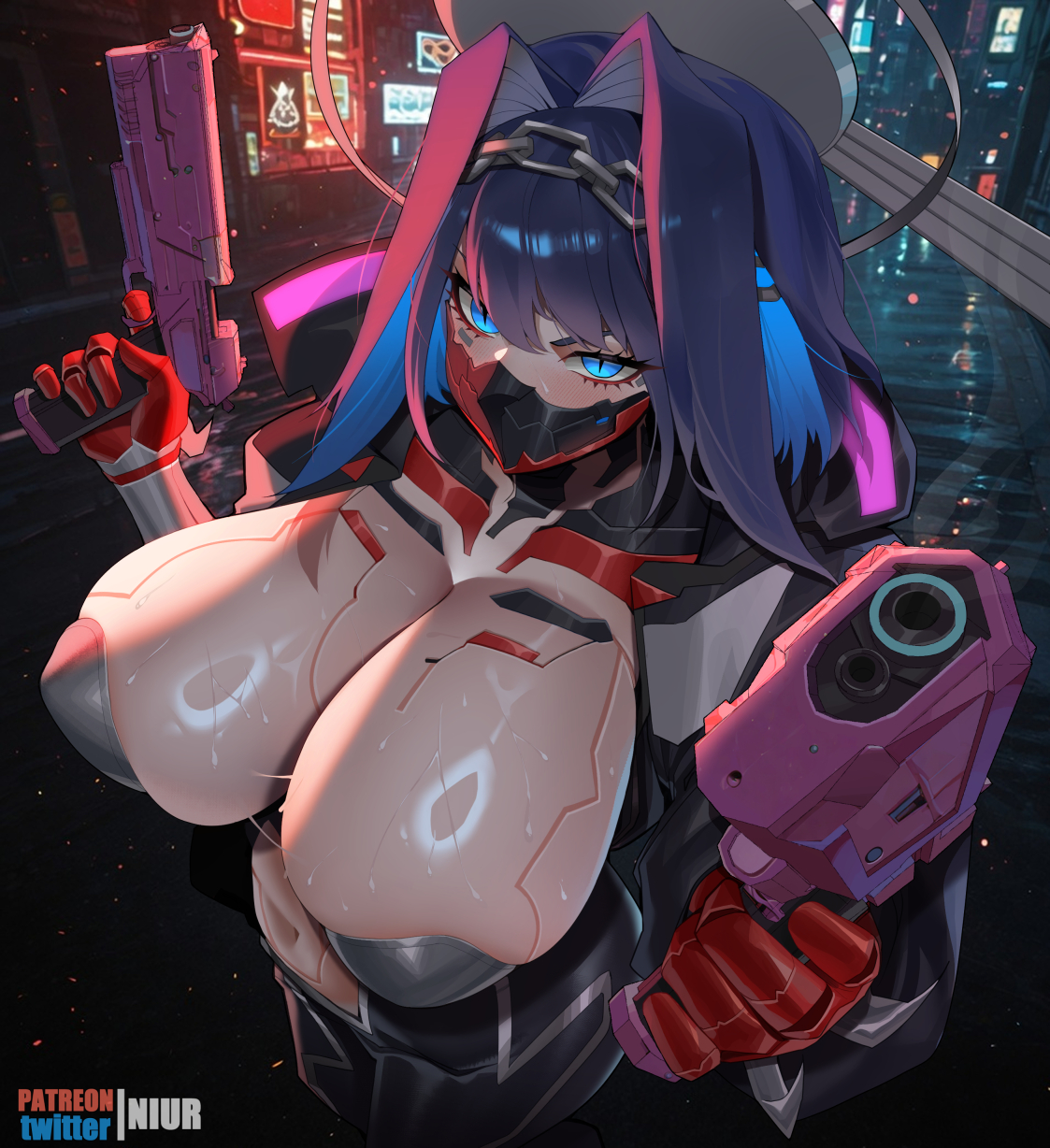 1girl, artist name, black hair, black mask, blue hair, breasts, chain, chain headband, colored inner hair, commentary, cosplay, cyberpunk (series), cyberpunk: edgerunners, dual wielding, english commentary, gloves, hair intakes, highres, holding, hololive, hololive english, huge breasts, mask, mouth mask, multicolored hair, navel, niur, ouro kronii, red gloves, slit pupils, solo, sweat, talia yang, virtual youtuber