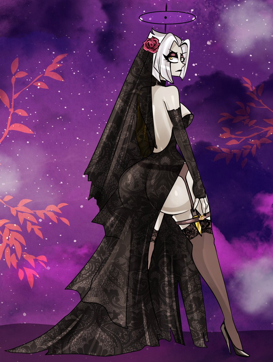 1angel, 1girls, amazon prime, angel, angel girl, ass, back, back view, big ass, bitterbunz, black dress, black high heels, cartoon, dat ass, hazbin hotel, hazbin hotel (season 2), hellaverse, high heels, huge ass, large ass, lute (hazbin hotel), short hair, shoulder length hair, sideboob, spindlehorse toons, standing, standing up, stockings, thicc, thicc ass, thick, thick ass, twitter, vivienne medrano, vivziepop, white hair