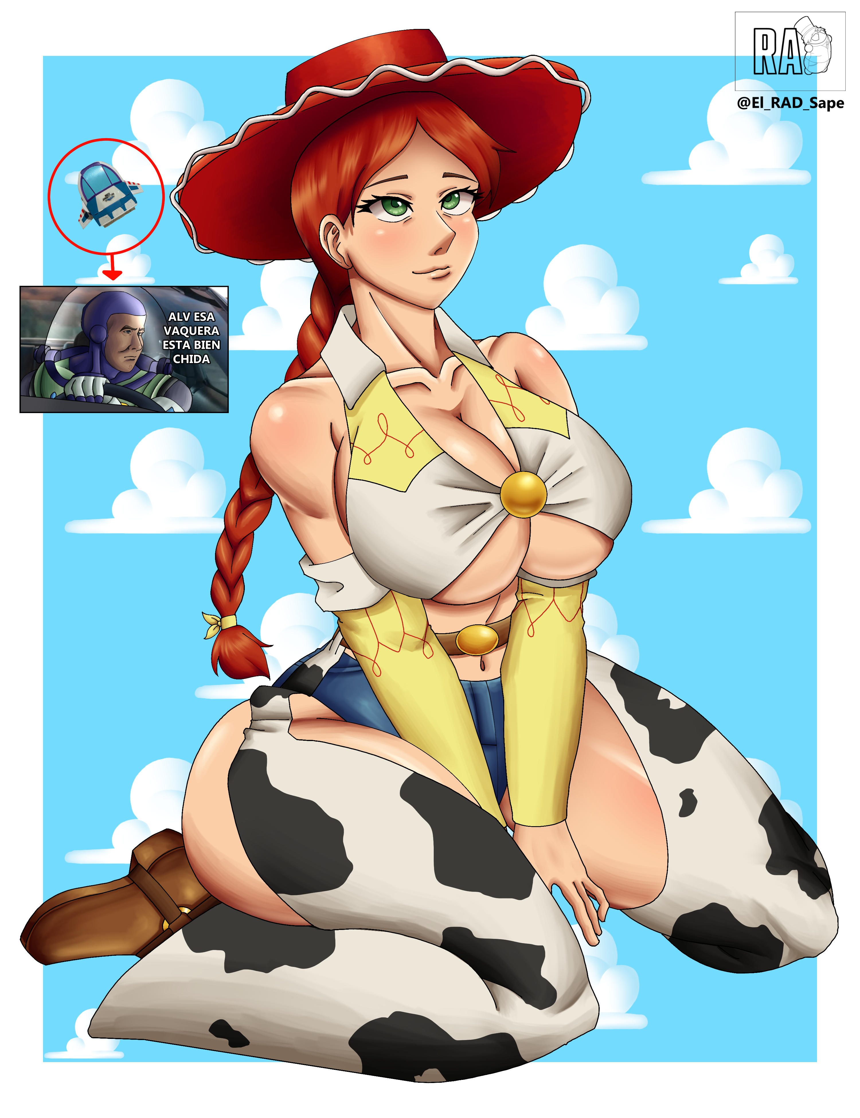 1girl, big ass, big breasts, big butt, big thighs, buzz lightyear, cowgirl, female, green eyes, jessie (toy story), radiant artist, red hair, sitting, toy story