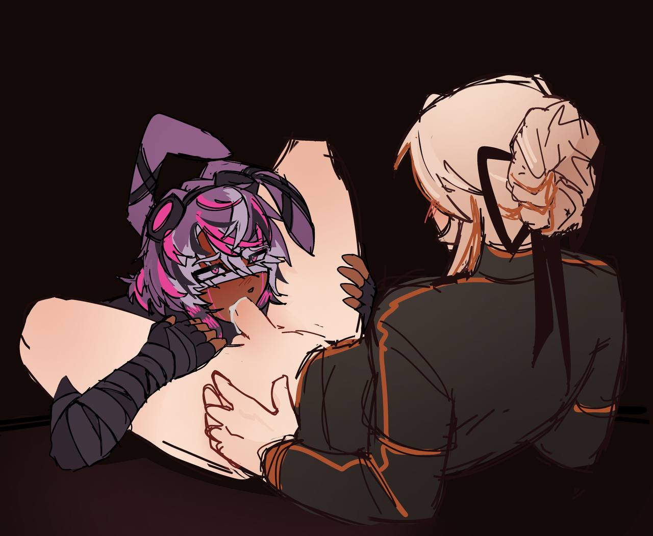 2boys, artwork (digital), bandaged arms, blond hair, blowjob, blush, bunny ears, cum, cum in mouth, cumming, cumming from paizuri, dark skin, dark-skinned male, face markings, fellatio, gay, gdz, goggles on head, hair ribbon, half-dressed, half-dressed male, holding partner's legs, judelow, looking at partner, male/male, mcyt, minecraft, minecraft youtubers, oral, pale skin, pale-skinned male, purple hair, raccoon tail hair, sharpness, strength smp, twitch, twitch streamer, twitch.tv, twitter, twitter username, yaoi, youtube, youtuber, youtubers