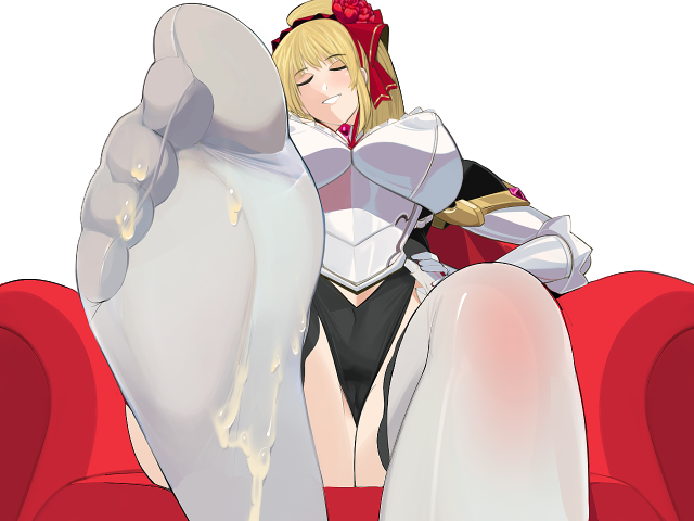 2022 armor big_breasts blonde_hair bo_wei charlotte_(heelfall) cum feet foot_fetish game_cg headband heelfall ponytail ribbon sitting stockings thong throne