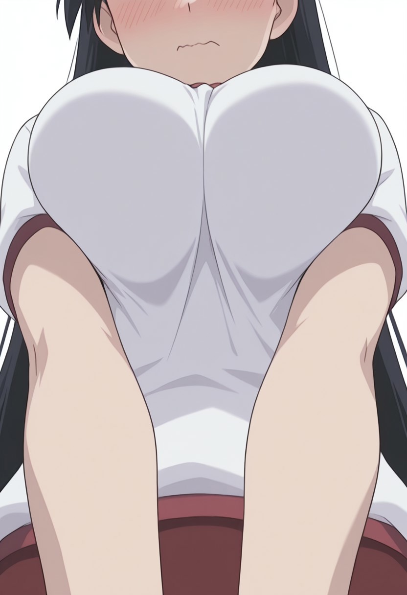 1girl 1girls ai_generated azumanga_daiou black_hair blush breast_squeeze civitai close-up embarrassed eyes_out_of_frame gym_uniform long_hair sakaki solo stable_diffusion