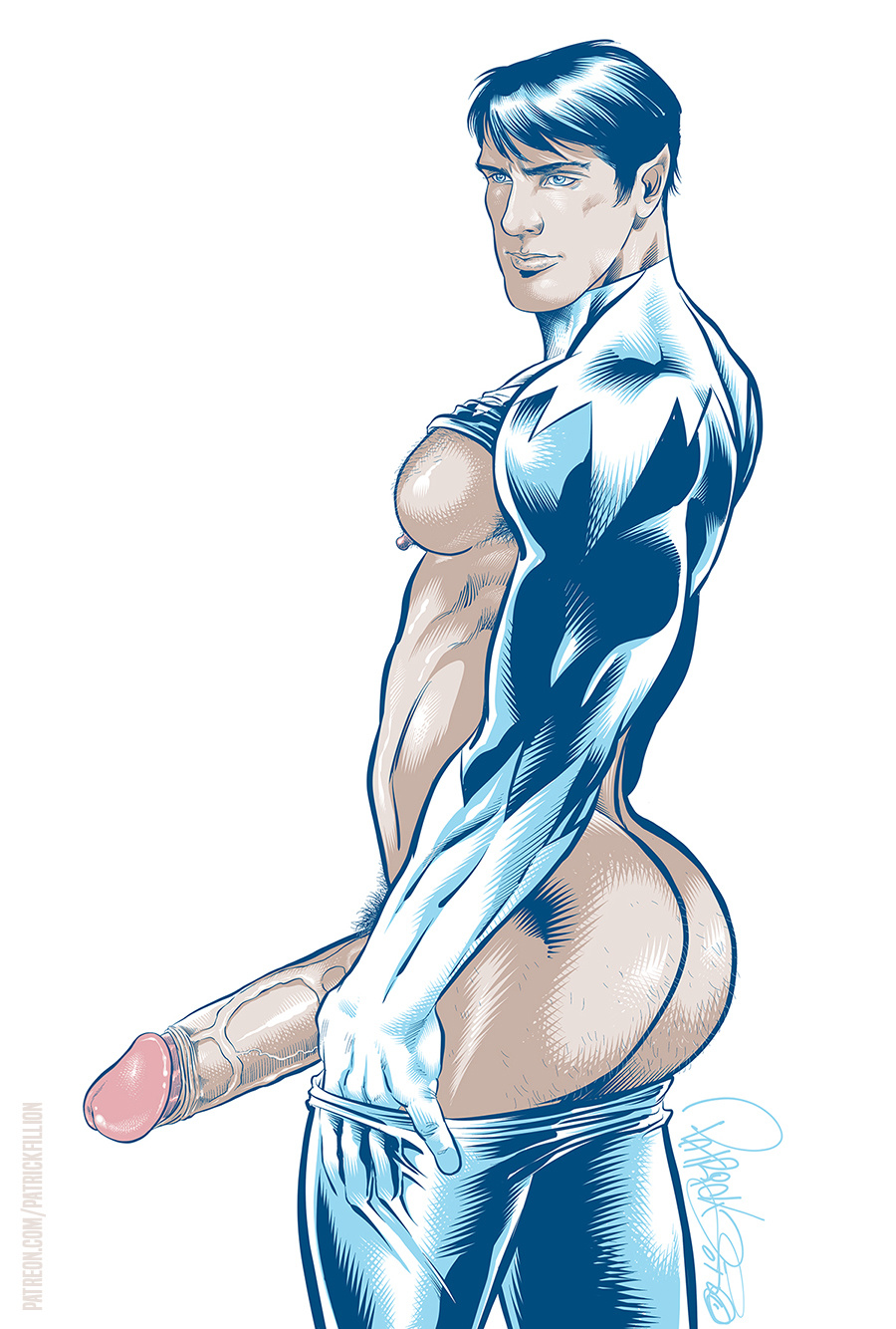 1male ass male male_focus male_only marvel marvel_comics northstar patrick_fillion pecs pointy_ears pubic_hair shirt_up smile solo solo_male veiny_penis