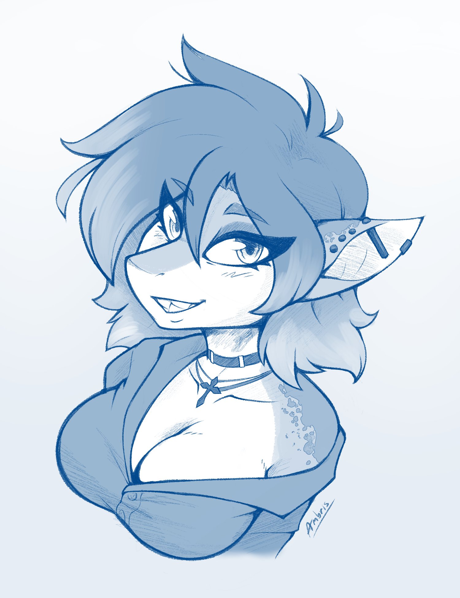 ambris, big breasts, breasts, choker, cleavage, cross necklace, erika (ambris), eyeliner, female, furry, original, shark, shark girl, short hair, sketch, tagme