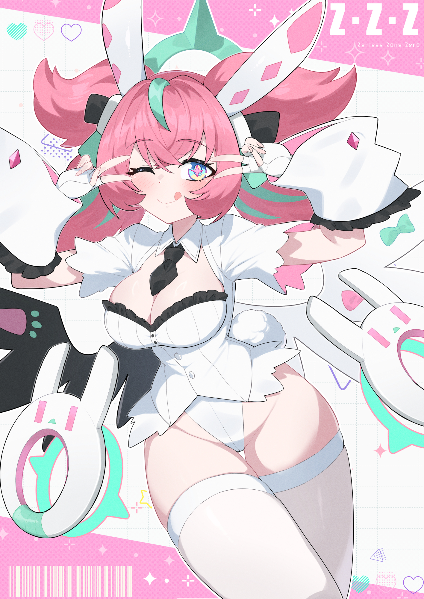 1girls, angels of delusion, aria (zenless zone zero), aria (zenless zone zero) (human form), artist request, blue eyes, blue highlights, breasts, bunnysuit, fingerless gloves, large breasts, looking at viewer, multicolored hair, peace sign, pink hair, smile, solo, solo female, solo focus, thick thighs, thighs, tongue out, wink, winking at viewer, zenless zone zero
