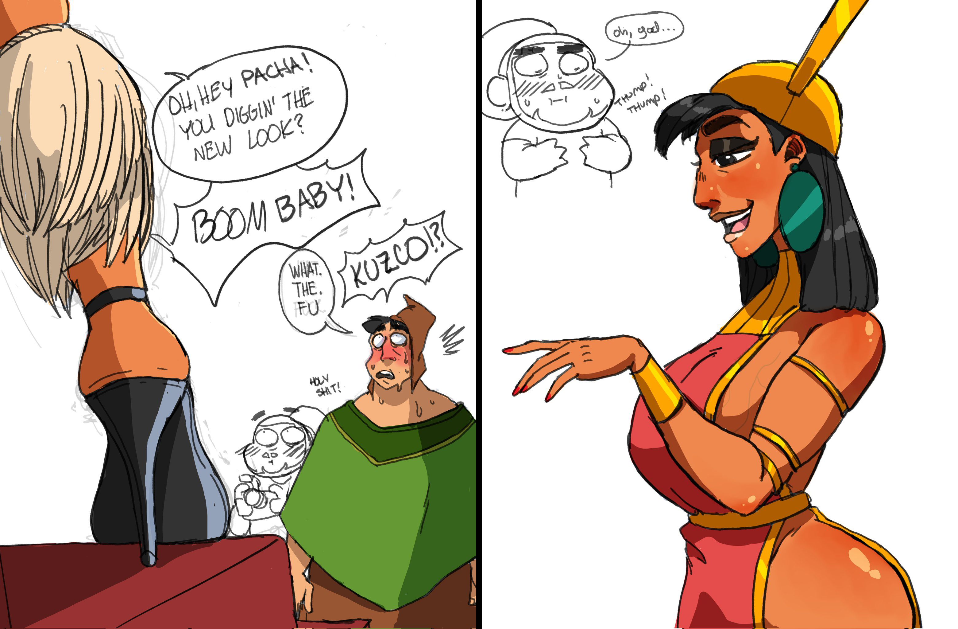 1boy, 1girls, ass, athletic, athletic female, big breasts, black hair, breasts, brown eyes, bubble ass, bubble butt, busty, cheating, cheating husband, dark skin, dark-skinned female, disney, earrings, female, female focus, genderswap, genderswap (mtf), high heels, hourglass figure, jewelry, koko (smmyart), kuzco, latina, long hair, male, pacha, peruvian female, rule 63, smmyart, tagme, the emperor's new groove, veiny breasts, wide hips