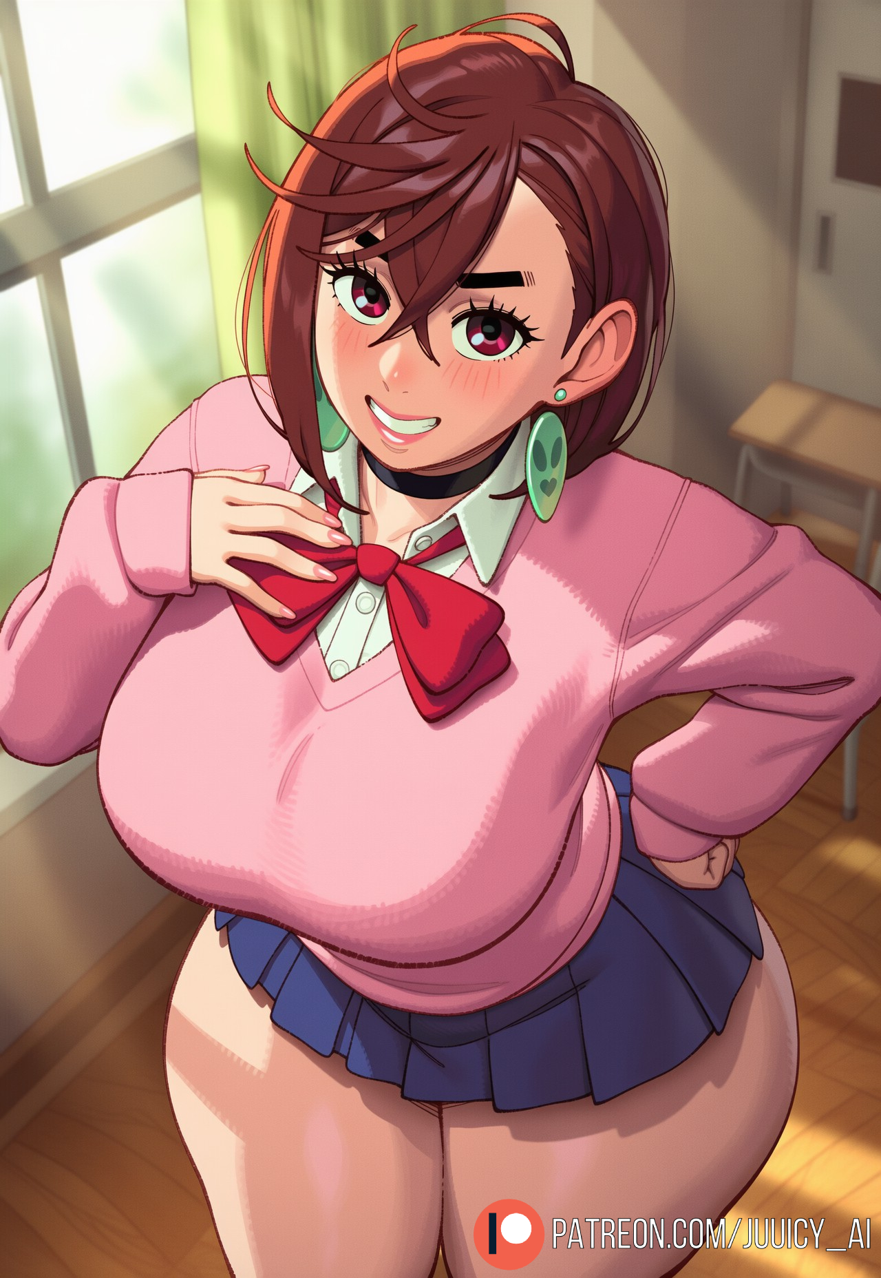 1girls, ai generated, ayase momo, big breasts, blue skirt, blush, blush lines, blushing, breasts, brown hair, choker, dandadan, earrings, female, green earrings, gyaru, hair, juuicyai, light skin, light-skinned female, school, school uniform, schoolgirl, schoolgirl uniform, short hair, short skirt, skirt, solo, solo female, teenage female, teenage girl, teenager, thick thighs, thighs, tiny skirt