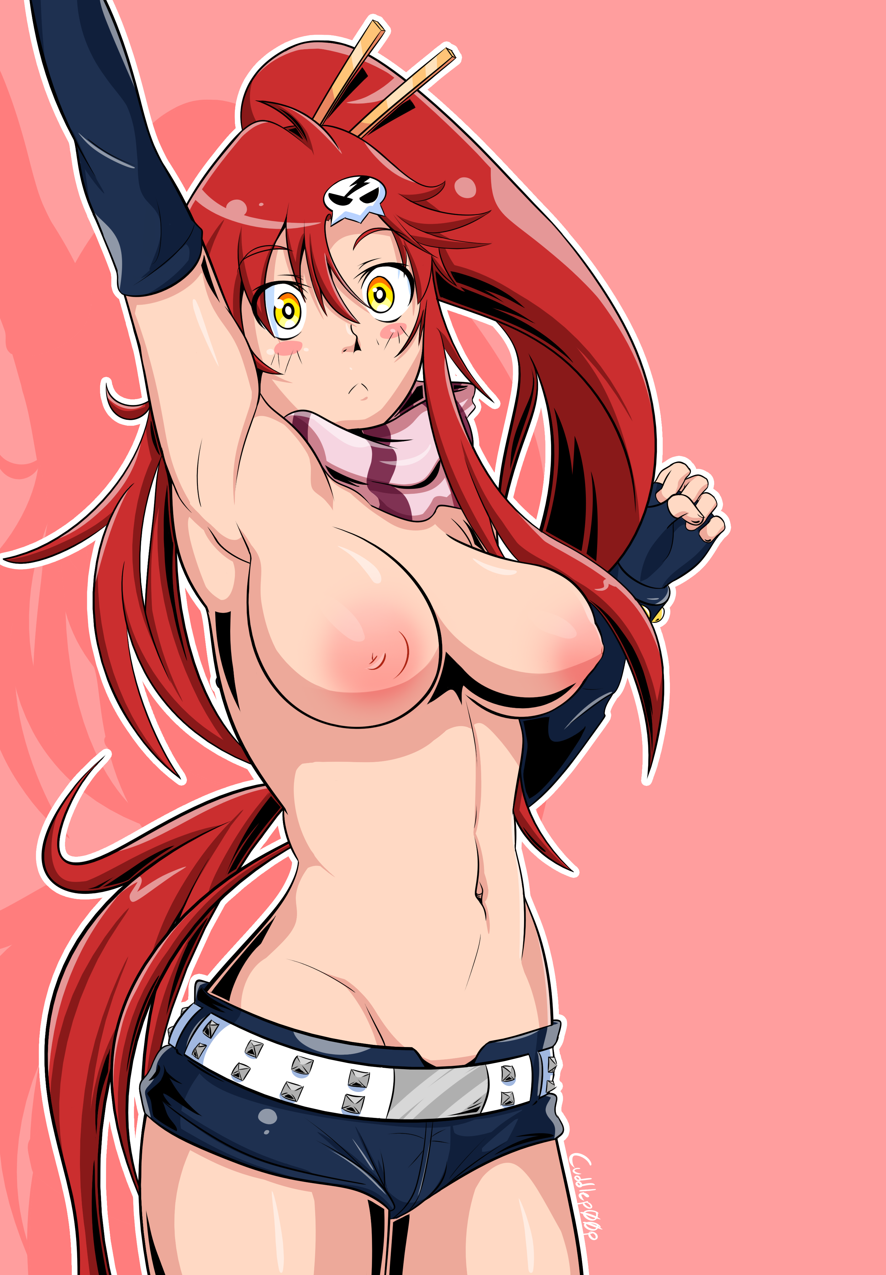 belt, breasts, breasts out, cuddlep00p, female, long hair, looking at viewer, open mouth, ponytail, scar, short shorts, solo, surprised, tengen toppa gurren lagann, topless, yellow eyes, yoko littner