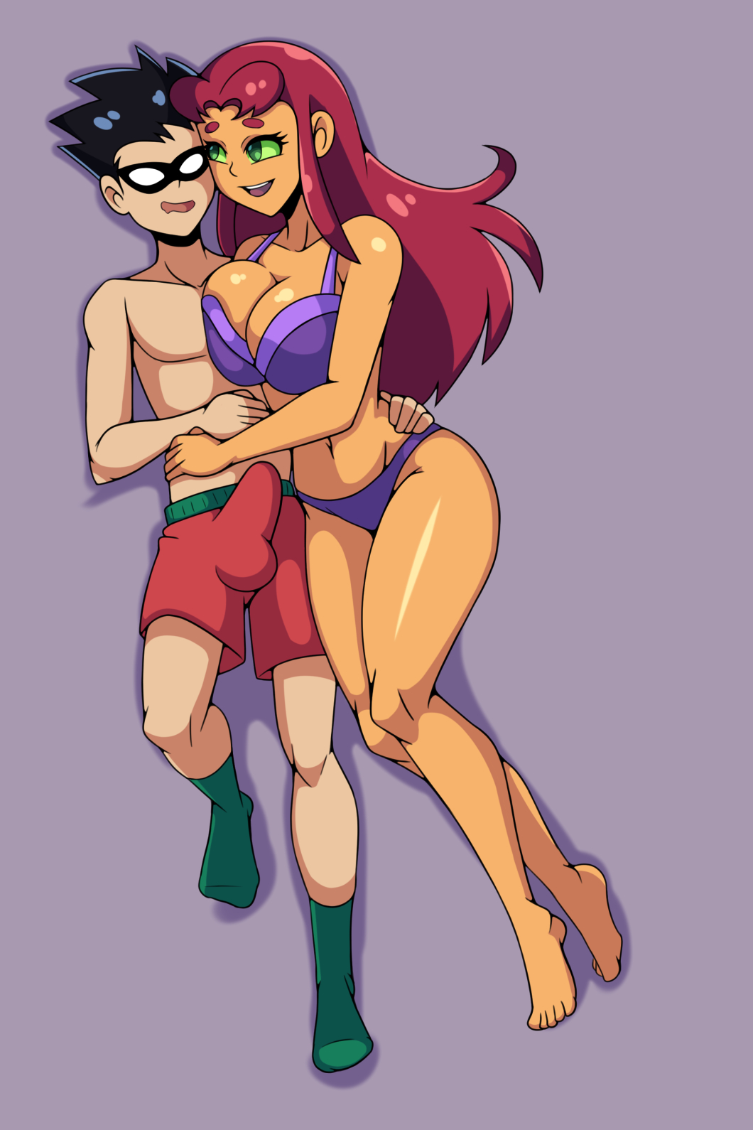 alien_girl bikini boner boner_in_pants boner_in_underwear boner_under_clothes breasts_pressed_against_partner couple_(romantic) couple_love couple_sex cuddling cuddling_up_together domino_mask drooling erection erection_under_clothes green_eyes half_naked_female iggy-bomb long_hair orange_skin red_hair robin_(dc) seductive_eyes seductive_look seductive_pose seductive_smile spikey_hair starfire_(teen_titans) teen_titans