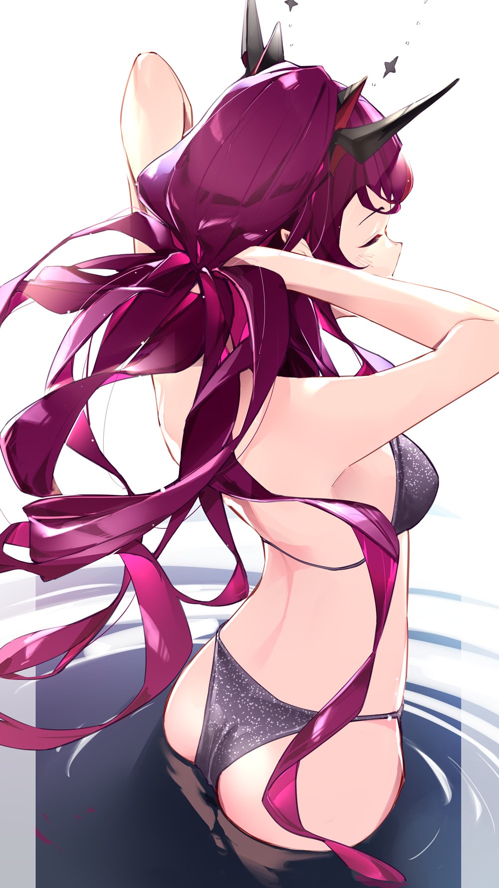 1girls 2d 2d_(artwork) ass back back_view bare_arms bare_back bare_shoulders bikini bikini_bottom bikini_top closed_eyes demon_girl elf_ears female female_focus female_only hand_in_hair hololive hololive_english hololive_english_-promise- horn horns irys irys_(hololive) maroon_hair multi_horn partially_submerged pointy_ears purple_hair solo solo_female solo_focus tying_hair very_long_hair virtual_youtuber water yuyaiyaui