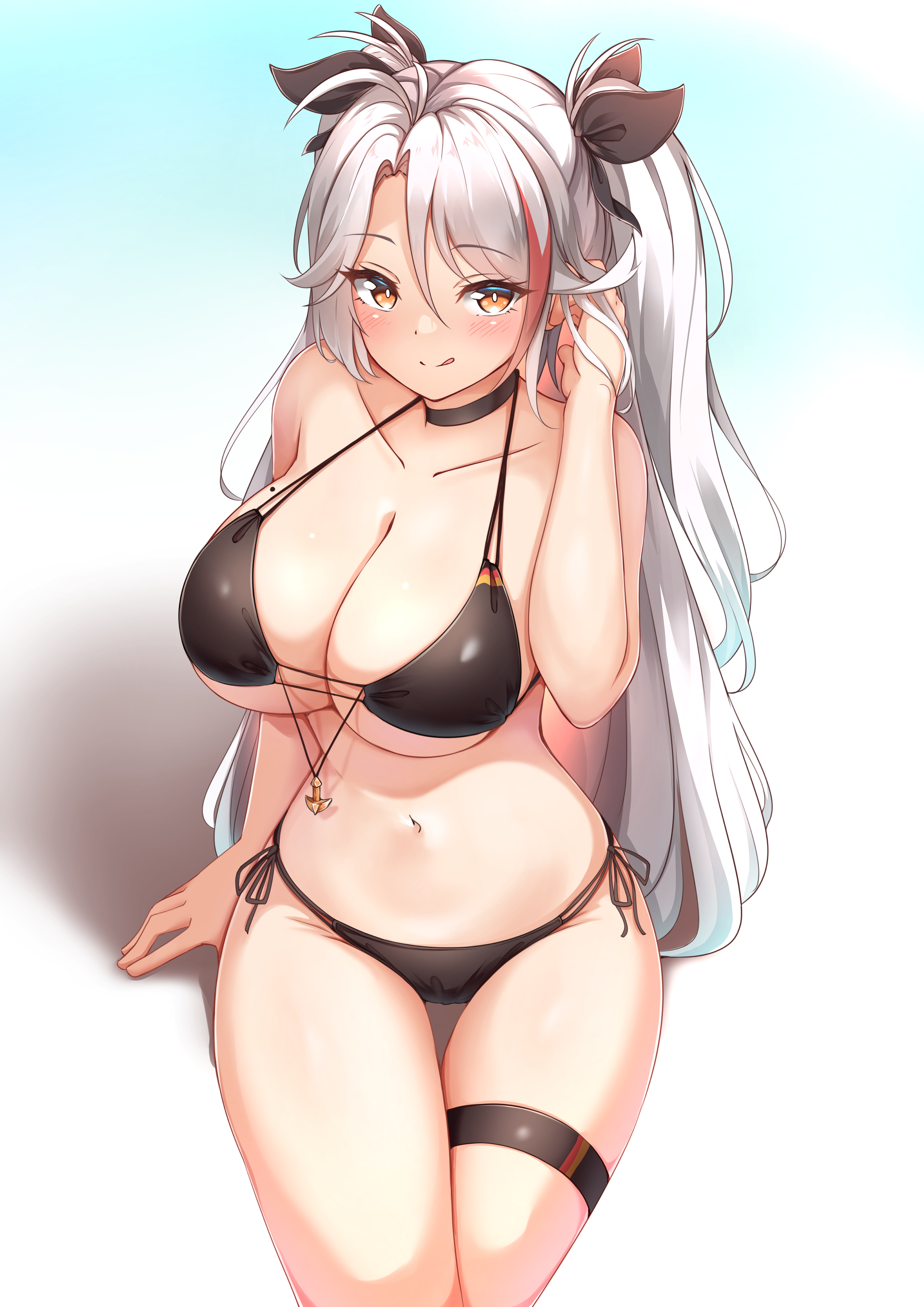 azur lane, big breasts, bikini, blush, breasts, choker, female, hourglass figure, licking lips, mole, mole on breast, moyoron, orange eyes, prinz eugen (azur lane), swimsuit, twintails, white background, white hair