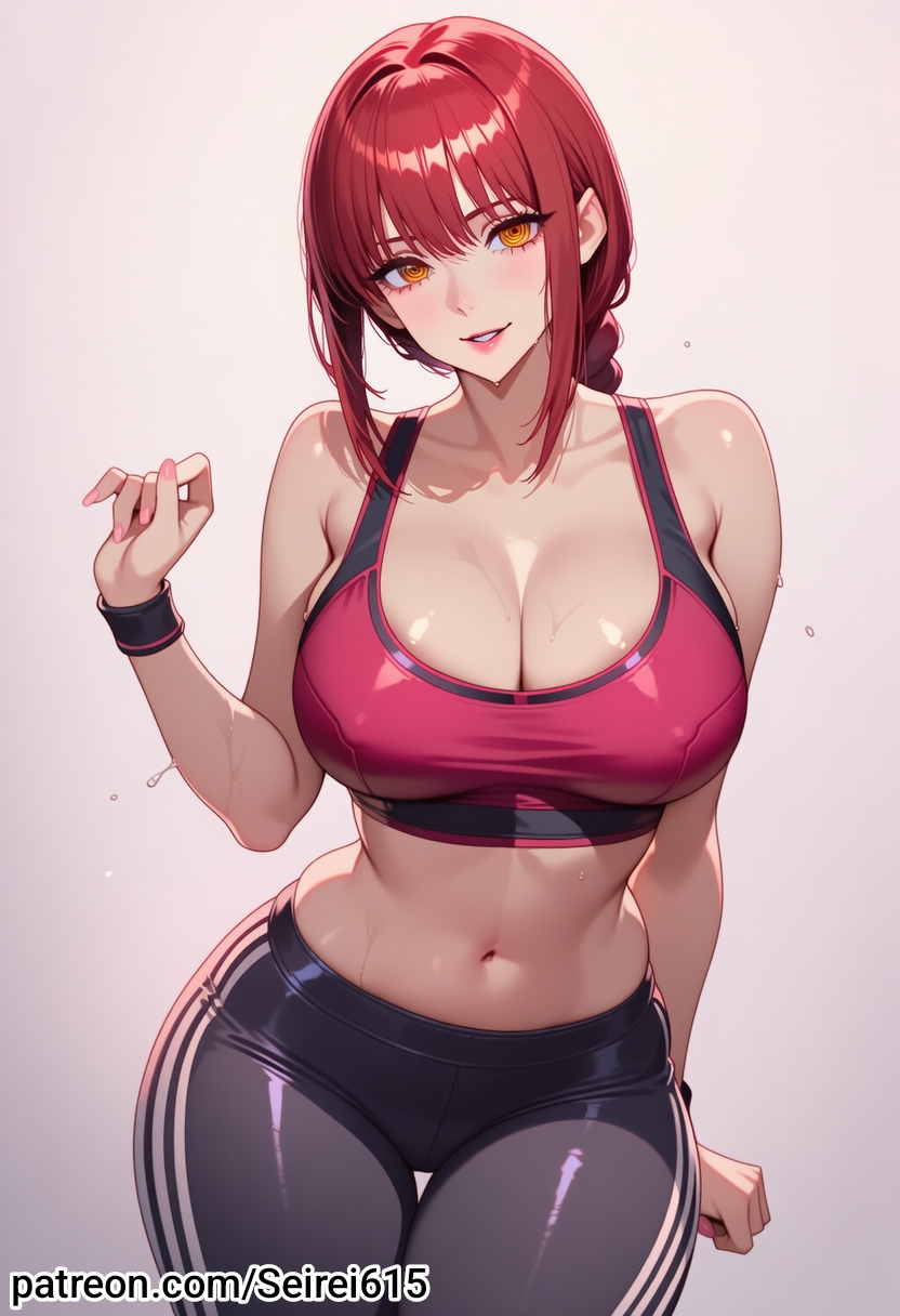 ai_art ai_generated big_ass big_breasts breasts_focus chainsaw_man demon face_focus leggings makima_(chainsaw_man) red_hair seiarts sexy_body sexy_pose sportswear topless voluptuous voluptuous_female white_background yellow_eyes