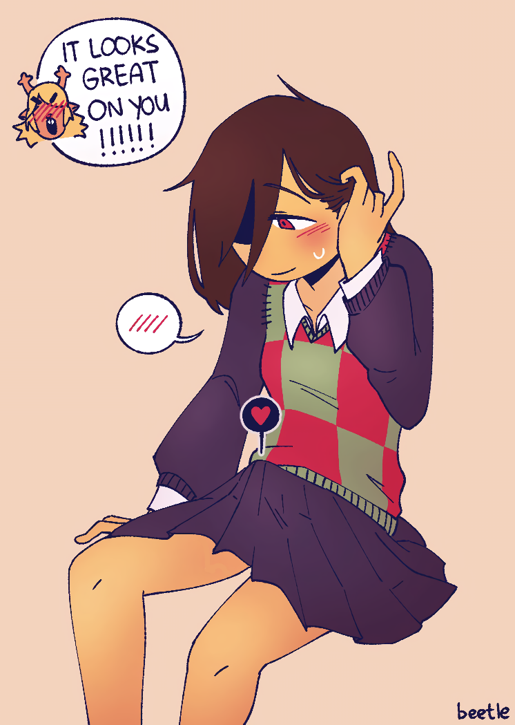 2d beetleevil blush crossdressing deltarune embarrassed encouragement erection erection_under_clothes erection_under_skirt female femboy hair_over_one_eye kris_(deltarune) noelle_holiday nonbinary offscreen_character red_eyes skirt smile