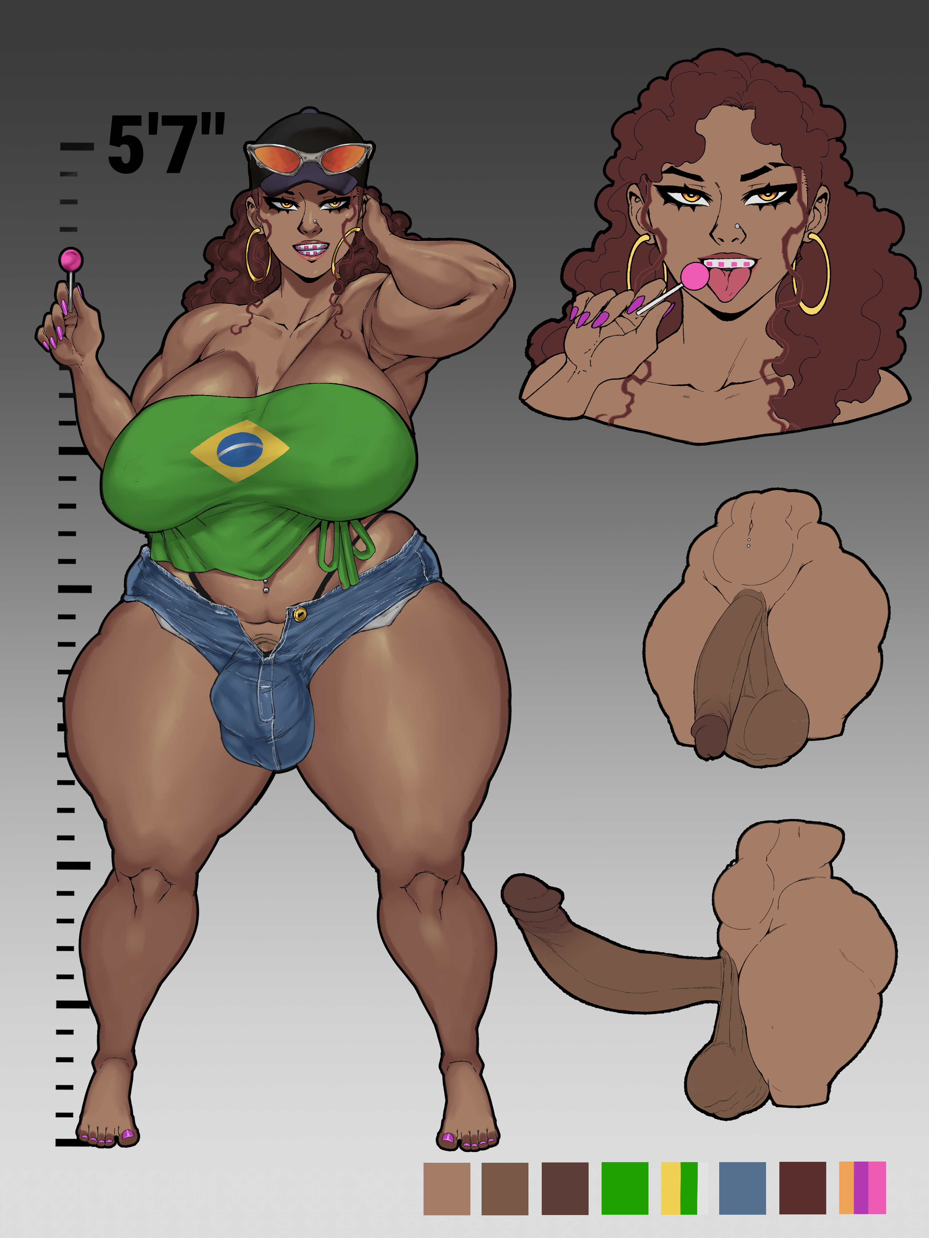 1futa, 9will6, balls, belly button piercing, big balls, big breasts, big bulge, big penis, braces, brazil, brazilian, brazilian futa, breasts, bulge, bulge through clothing, clothed, dark-skinned futa, earrings, erection, excessive scrotal skin, fingernails, futa only, futanari, hoop earrings oversized, jean shorts, large breasts, large penis, large testicles, light-skinned futa, lollipop, nose piercing, pink nail polish, sagging balls, scrotum, shades, shorts, solo, solo futa, thick thighs, voluptuous, voluptuous body, voluptuous futa, wide hips