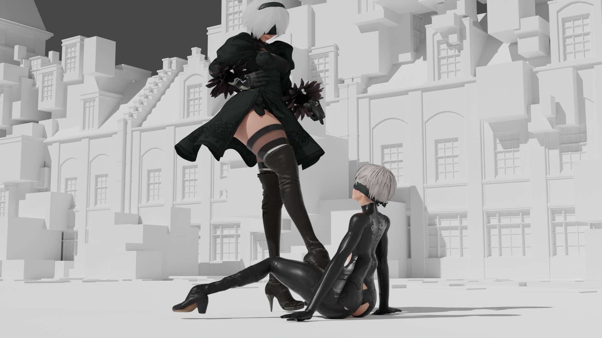 1boy, 1girls, 3d, 3d (artwork), ass, big ass, blindfold, bodysuit, boot fetish, bootjob, boots, clothing, crossdressing, female, femboy, femdom, footjob, hairband, heeljob, high heel boots, high heels, latex, latex bodysuit, light skin, light-skinned female, light-skinned male, male, nier (series), nier: automata, short hair, stepped on, stockings, straight, tease, teasing, thick thighs, thigh boots, thigh high boots, thighhighs, trap, white hair, yorha 2b, yorha 9s, zsternritter