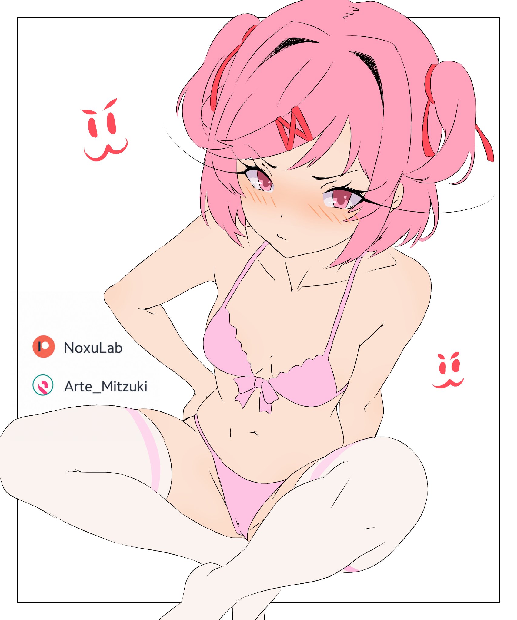 1female, 1girl, 1girls, 2026, arte mitzuki, blush, blush lines, blushing, blushing at viewer, blushing female, bra, closed mouth, ddlc, doki doki literature club, female, female focus, female only, light skin, light-skinned female, looking at viewer, natsuki (doki doki literature club), navel, open mouth, panties, pink bra, pink eyes, pink hair, pink panties, serenity forge, spread legs, team salvato, thighhighs, video game, video game character, video games, visual novel, watermark, white skin