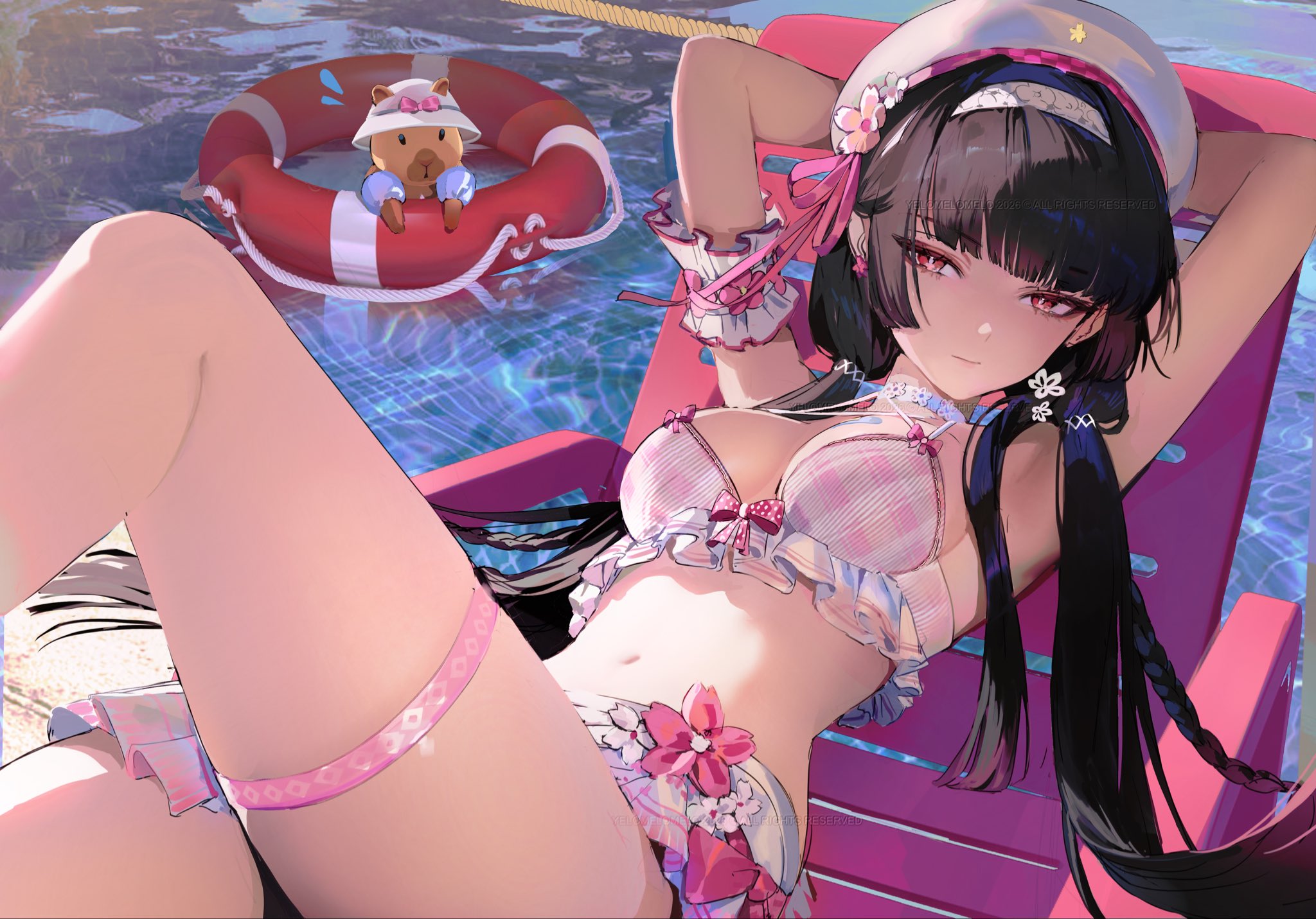 1girls, beach, black hair, chisa (peach parfait) (wuthering waves), chisa (wuthering waves), female, long hair, medium breasts, official alternate costume, pink swimsuit, red eyes, see-through clothing, see-through swimsuit, swimsuit, wuthering waves