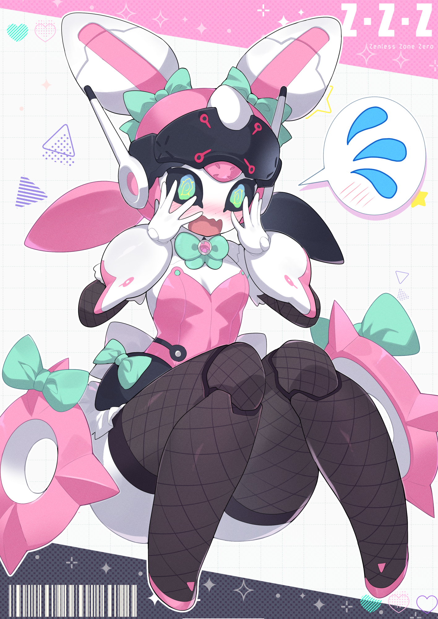 1girls, angels of delusion, aria (zenless zone zero), aria (zenless zone zero) (robot form), artist request, black sclera, bow, bowtie, bunnysuit, embarrassed, embarrassed female, fishnet thighhighs, fishnets, full body, robot, robot girl, solo, solo female, solo focus, spoken blush, spoken sweatdrop, zenless zone zero