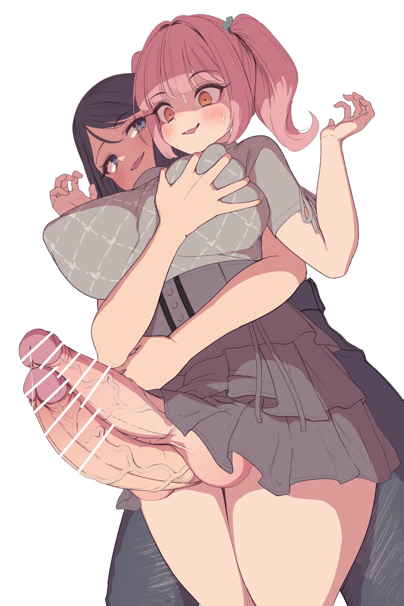 2futanari, 2futas, 2penis, blue eyes, clothed, green eyes, holding breast, long penis, mostly clothed, penis, penis out, tagme, veiny penis, white skin, yana (nekoarashi)