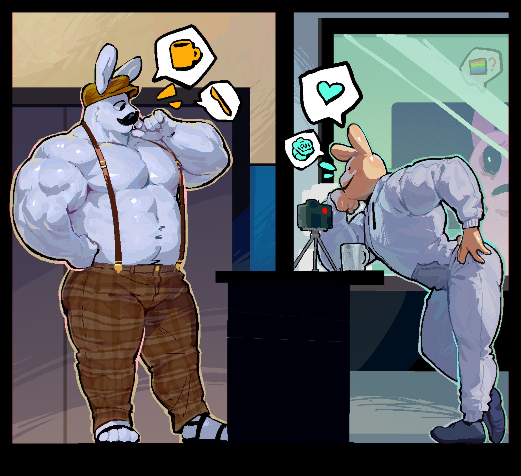 abs, animal hospital, bara, barney (animal hospital), bunny, coffee, gay, gay male, intern (animal hospital), rabbit, roblox, roblox game, robloxian, white fur