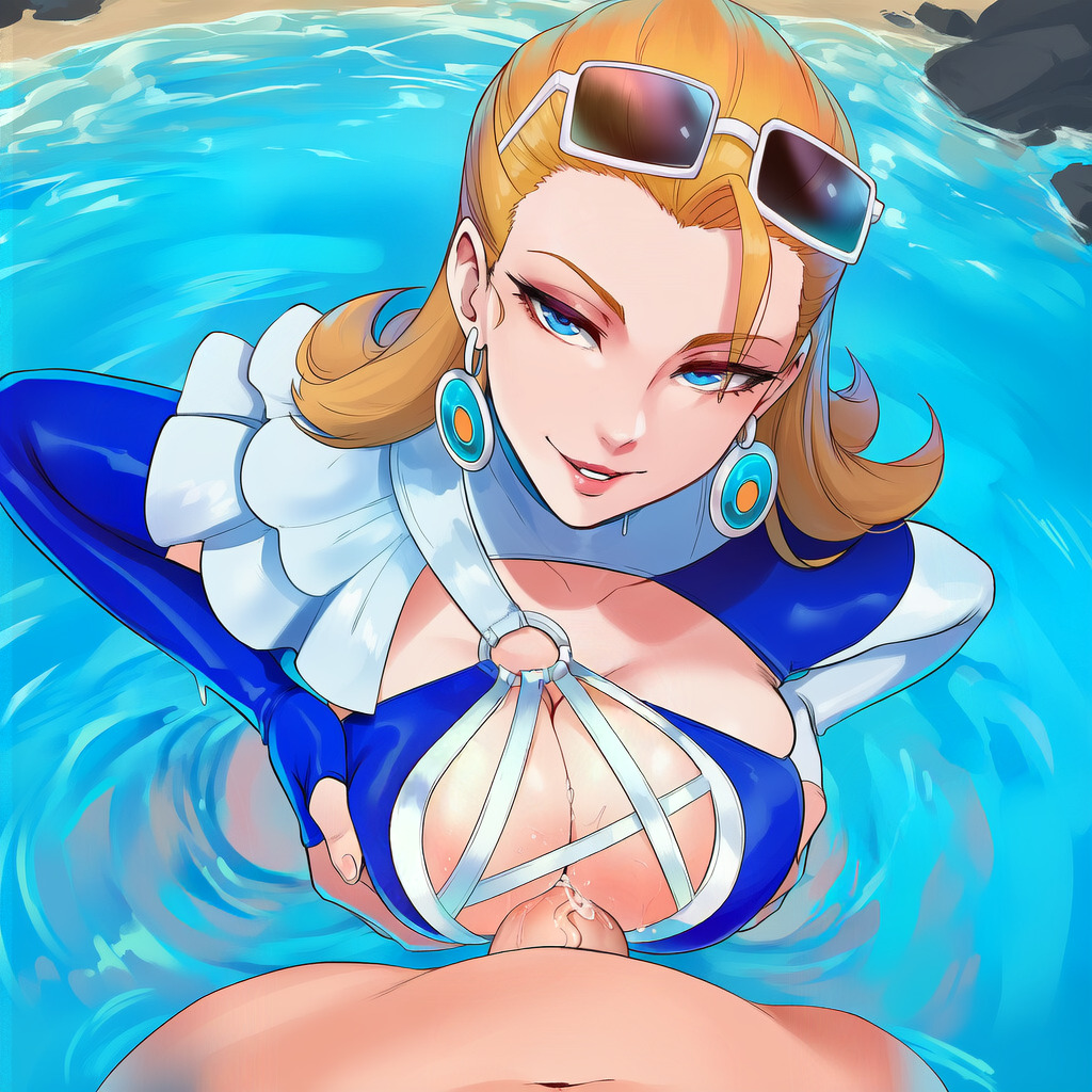 1boy ai_generated beach beach_sex bedroom_eyes blonde_hair cleavage_cutout cum cum_between_breasts cum_inside deep_penetration eyewear_on_head invisible_woman invisible_woman_(azure_shade) invisible_woman_(marvel_rivals) large_breasts long_sleeves looking_at_viewer married_female marvel marvel_comics marvel_rivals masturbating_other official_alternate_costume paizuri penis penis_between_breasts perpendicular_paizuri pov squeezing_breast sue_storm swimsuit tittyg-ai