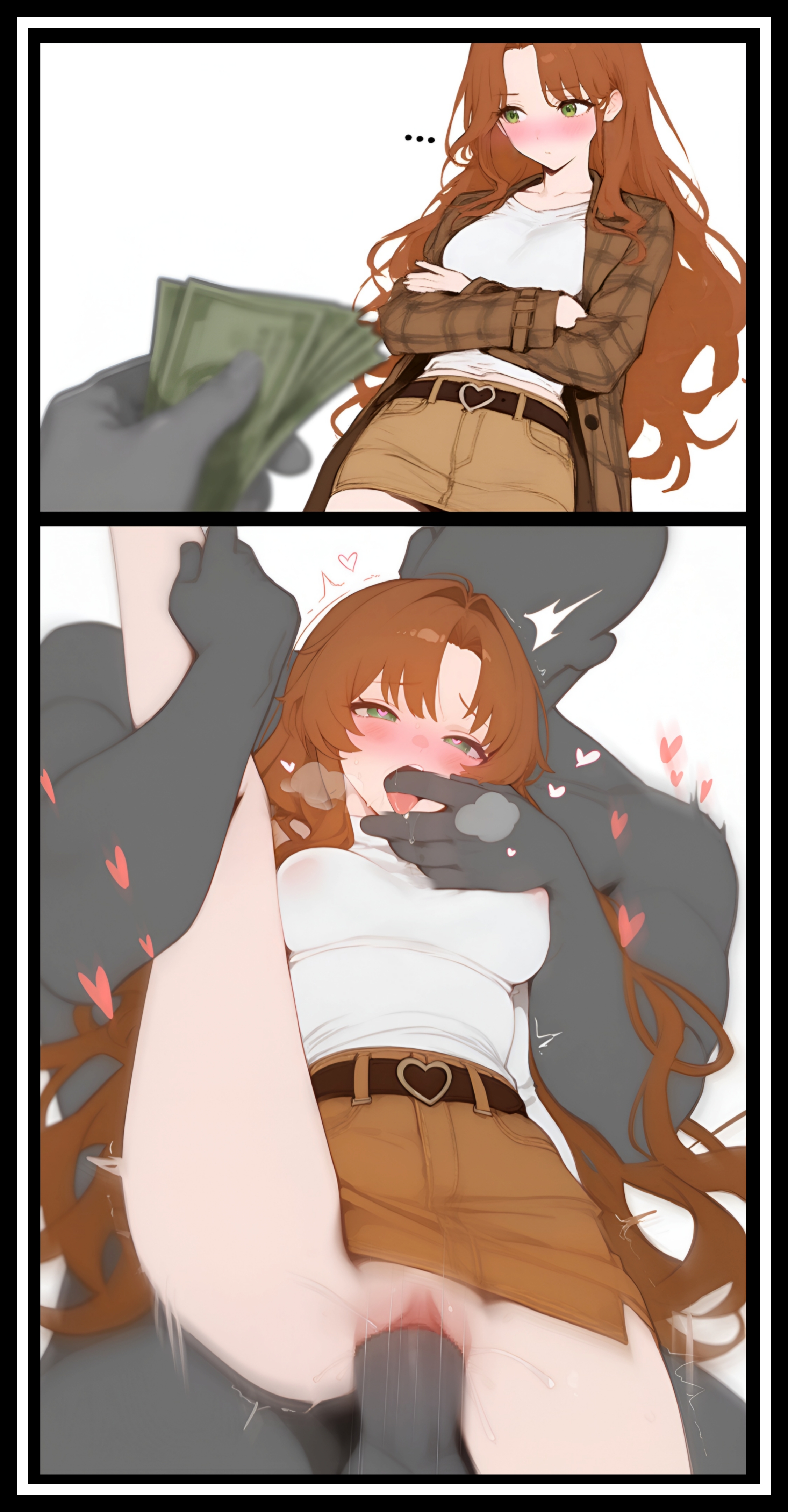 1girls1boy, ahe gao, ahegao, ahegao face, anonymous character, anonymous male, arms crossed, belt, belt buckle, bribery, brown coat, brown hair, carrying position, denim skirt, edited, edited art, fanart, green eyes, heart-shaped pupils, hearts, hetero, indie virtual youtuber, long hair, lovehearts, melonprime, money, nipples, nipples visible through clothing, orgasm, panels, parted bangs, rough sex, saliva, self upload, sex, short skirt, tongue out, vaginal penetration, vtuber, vtuberfanart, white shirt, zavalr